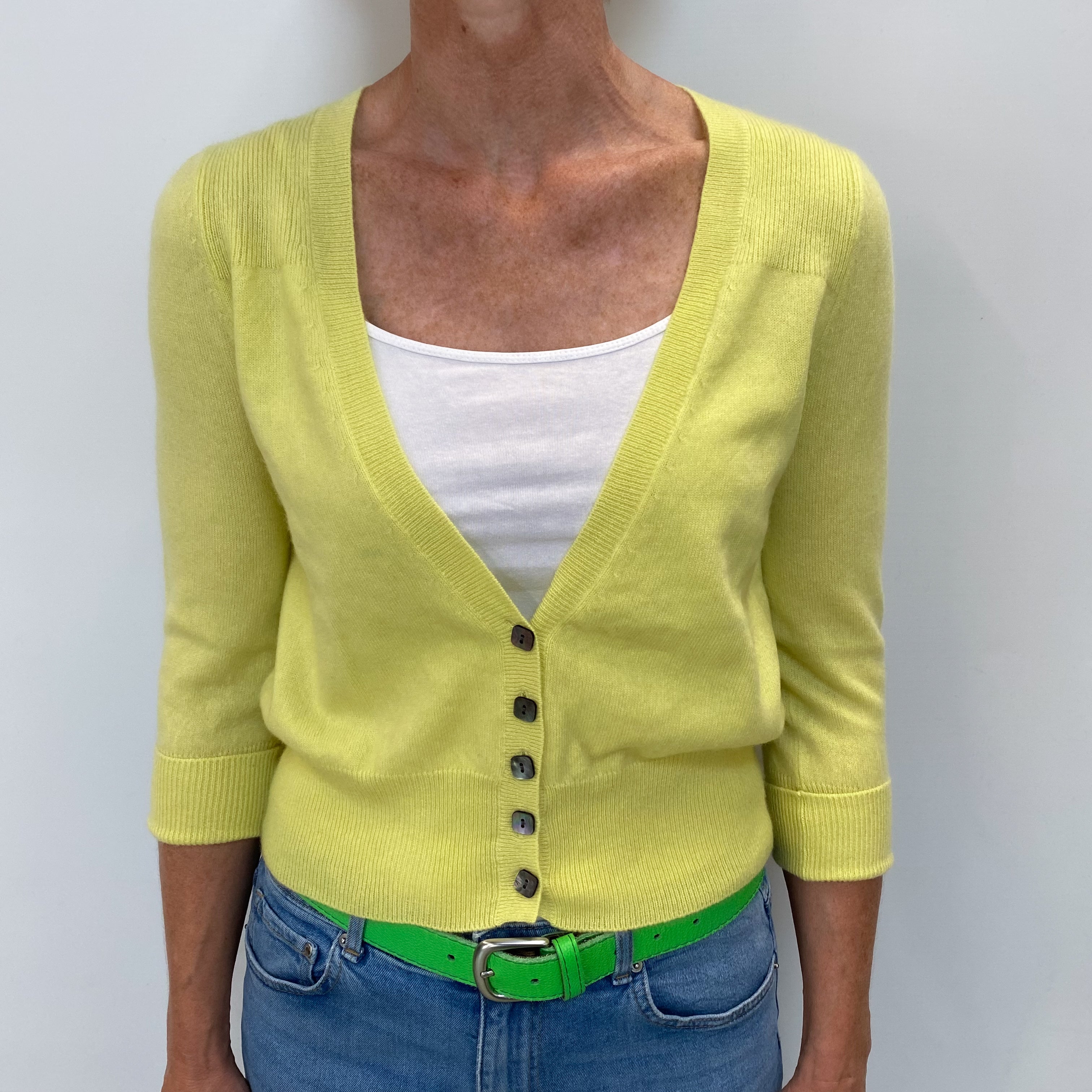 Chartreuse Yellow Cashmere V Neck Cardigan Small