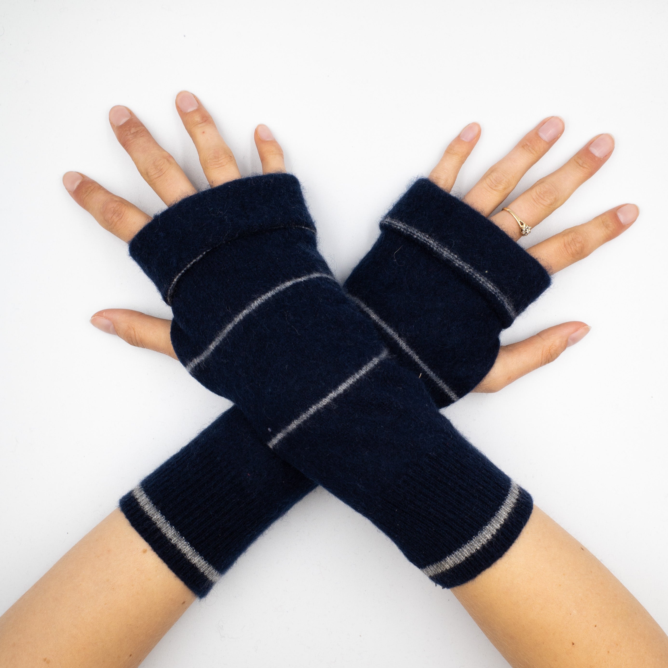 Navy and Frost Grey Fingerless Gloves Striped