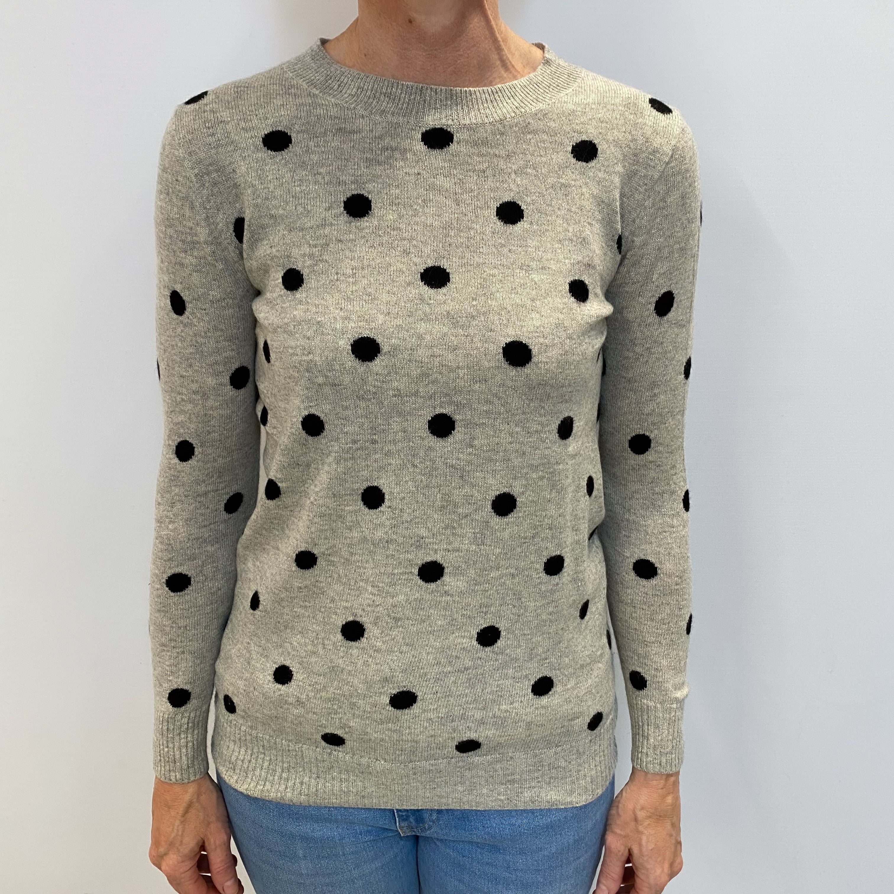 Smoke Grey Polka Dot Cashmere Crew Neck Jumper Small