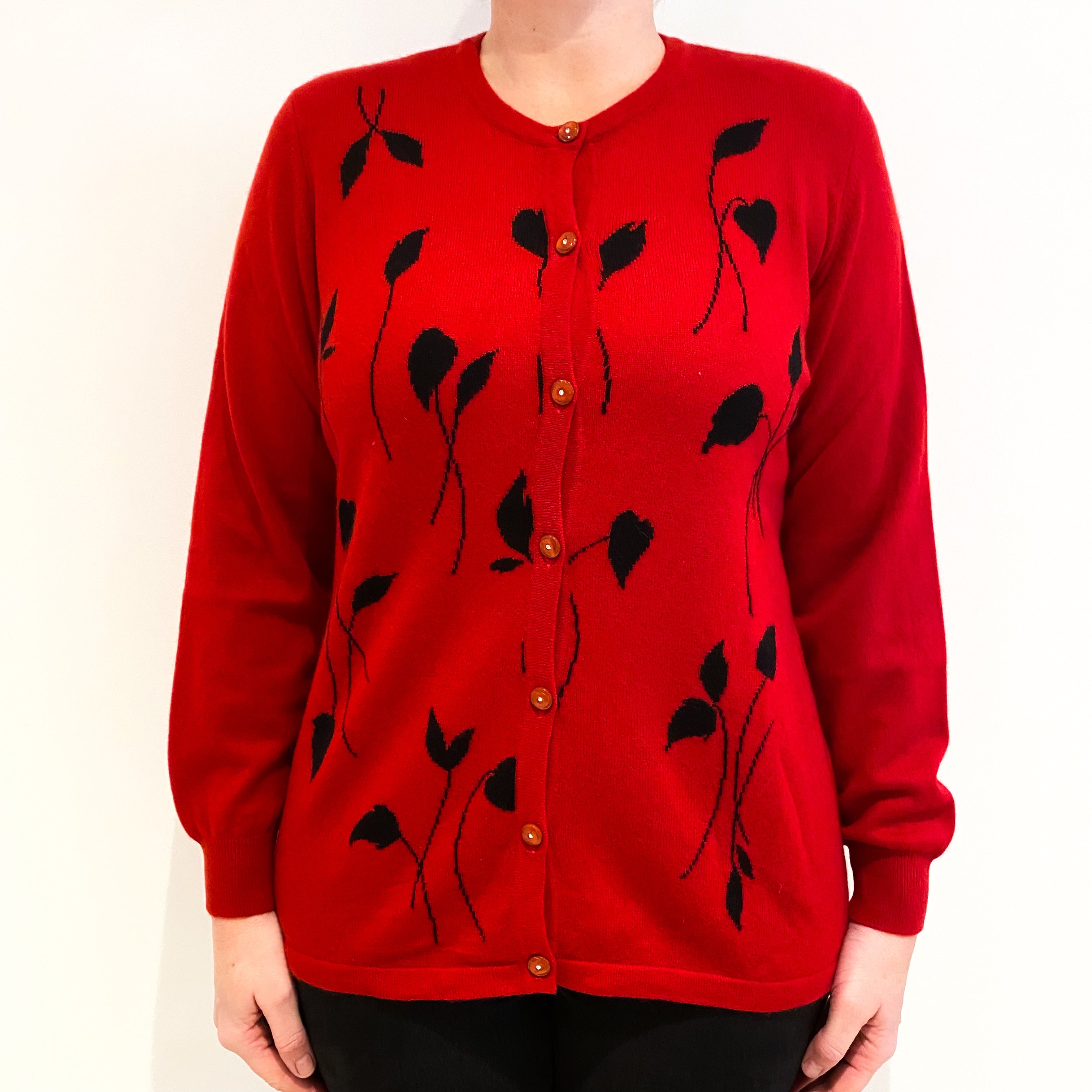 Red Black Patterned Cashmere Crew Neck Cardigan Large