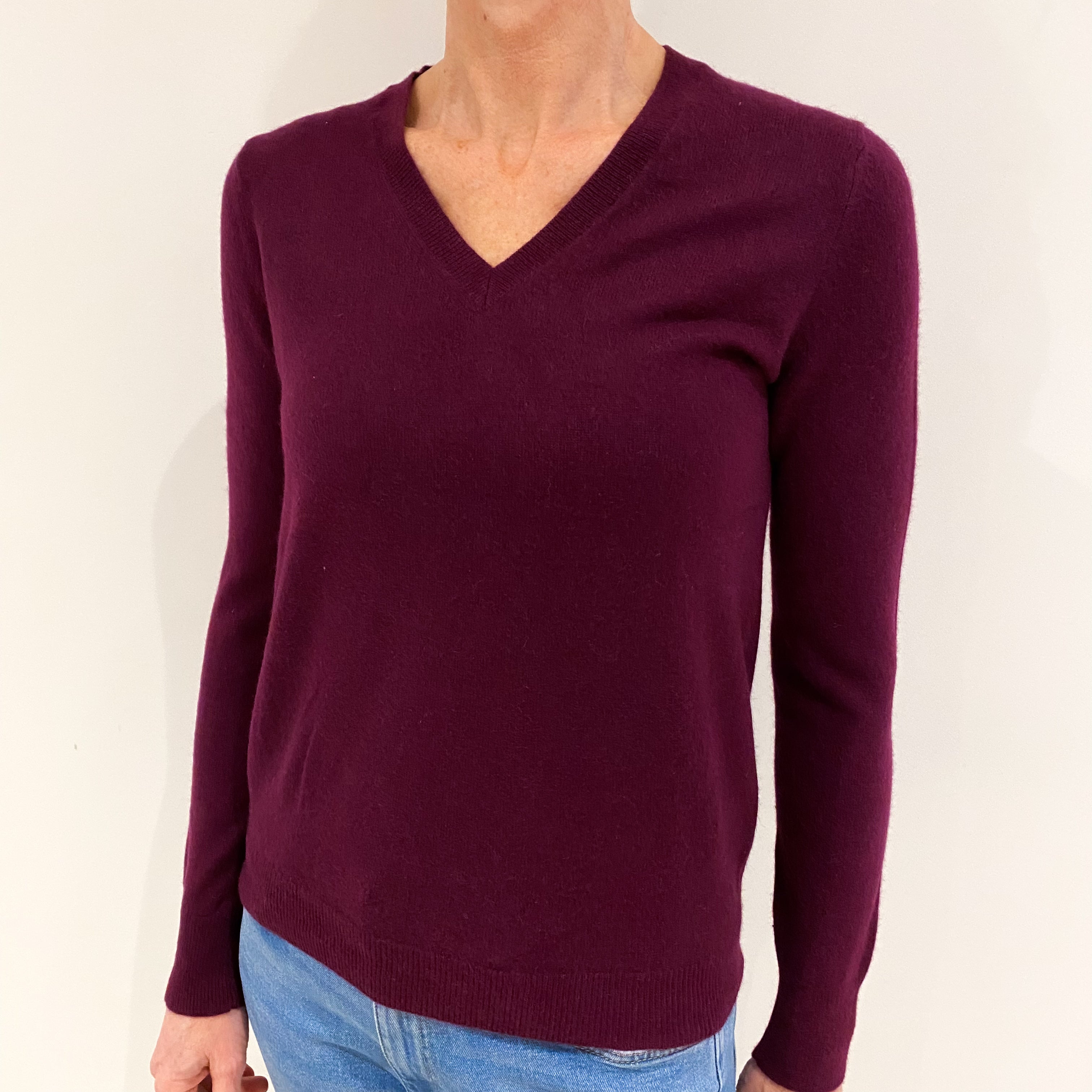 Plum Purple Cashmere V Neck Jumper Small