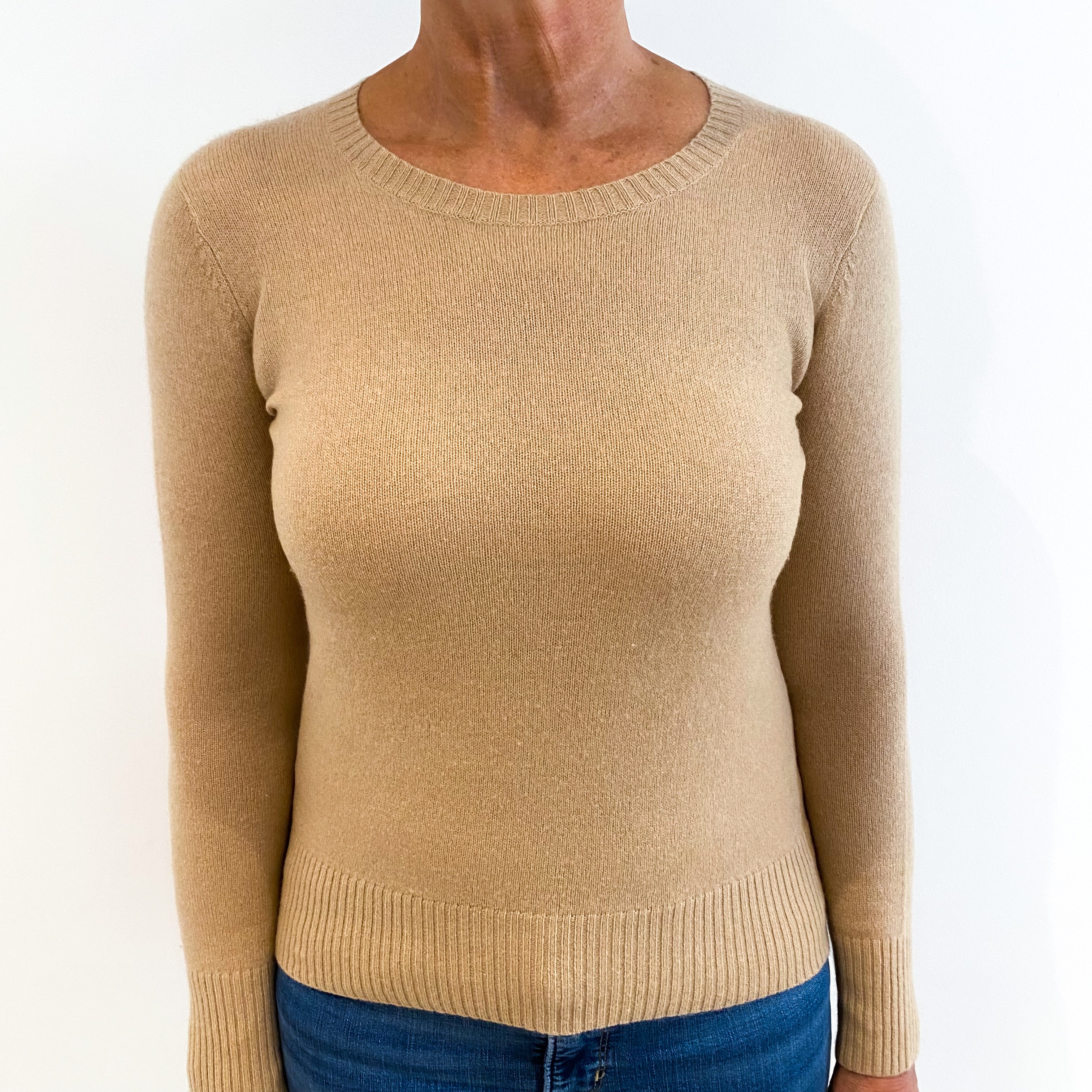 Camel Brown Cashmere Crew Neck Jumper Medium