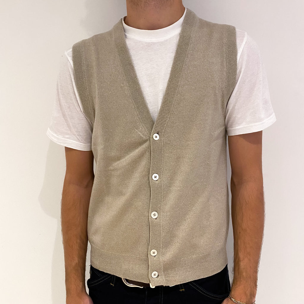 Men's Beige Cashmere V-Neck Gilet Medium