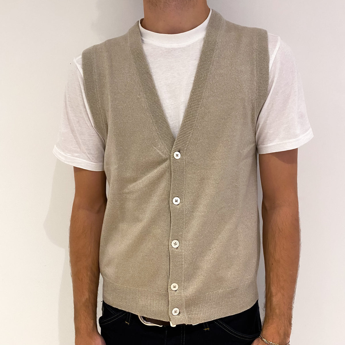 Men's Beige Cashmere V-Neck Gilet Medium