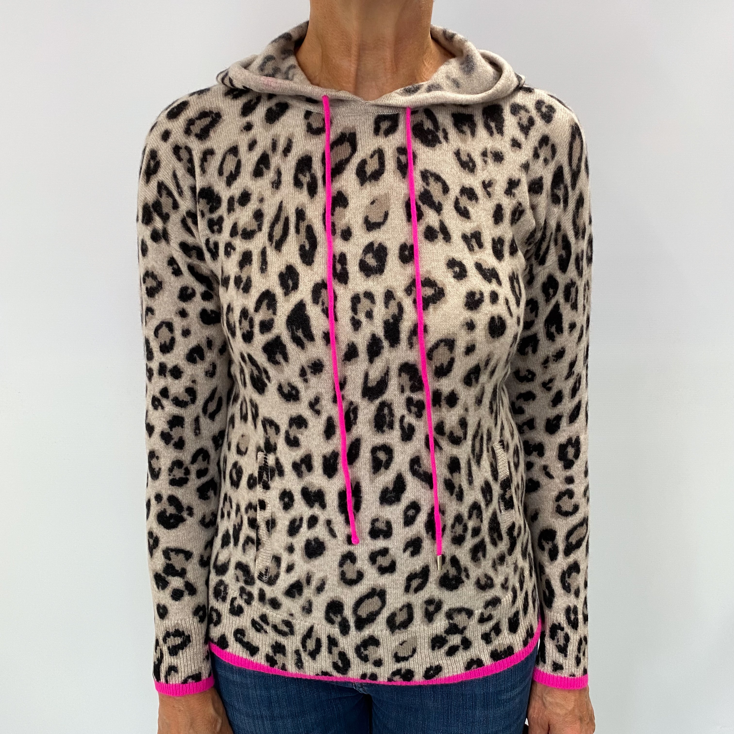 Lounge Beige Animal Print Cashmere Hoodie Medium