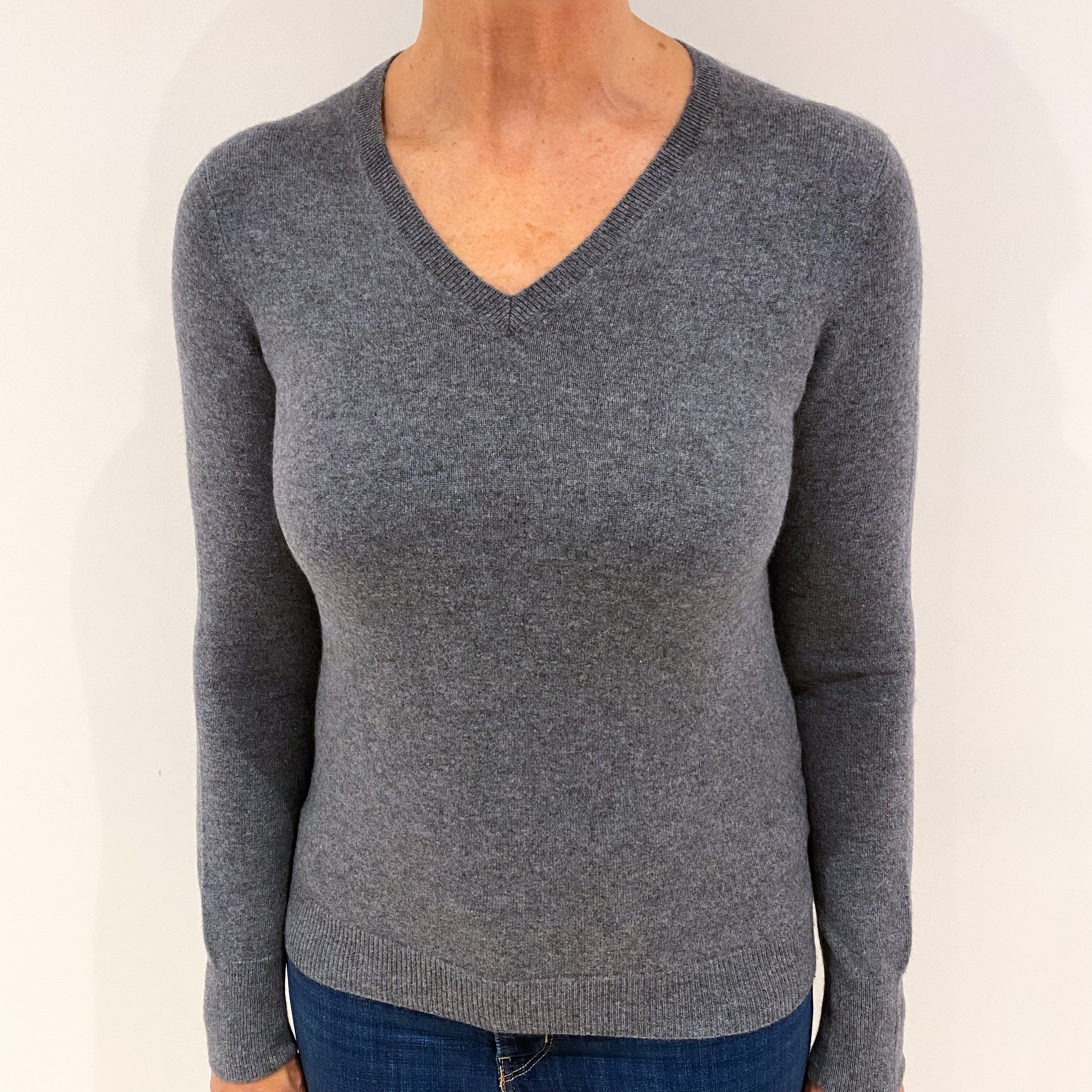 Ash Grey Cashmere V Neck Jumper Medium