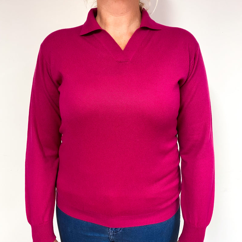 Fuchsia Pink Cashmere Collared V-Neck Jumper Large