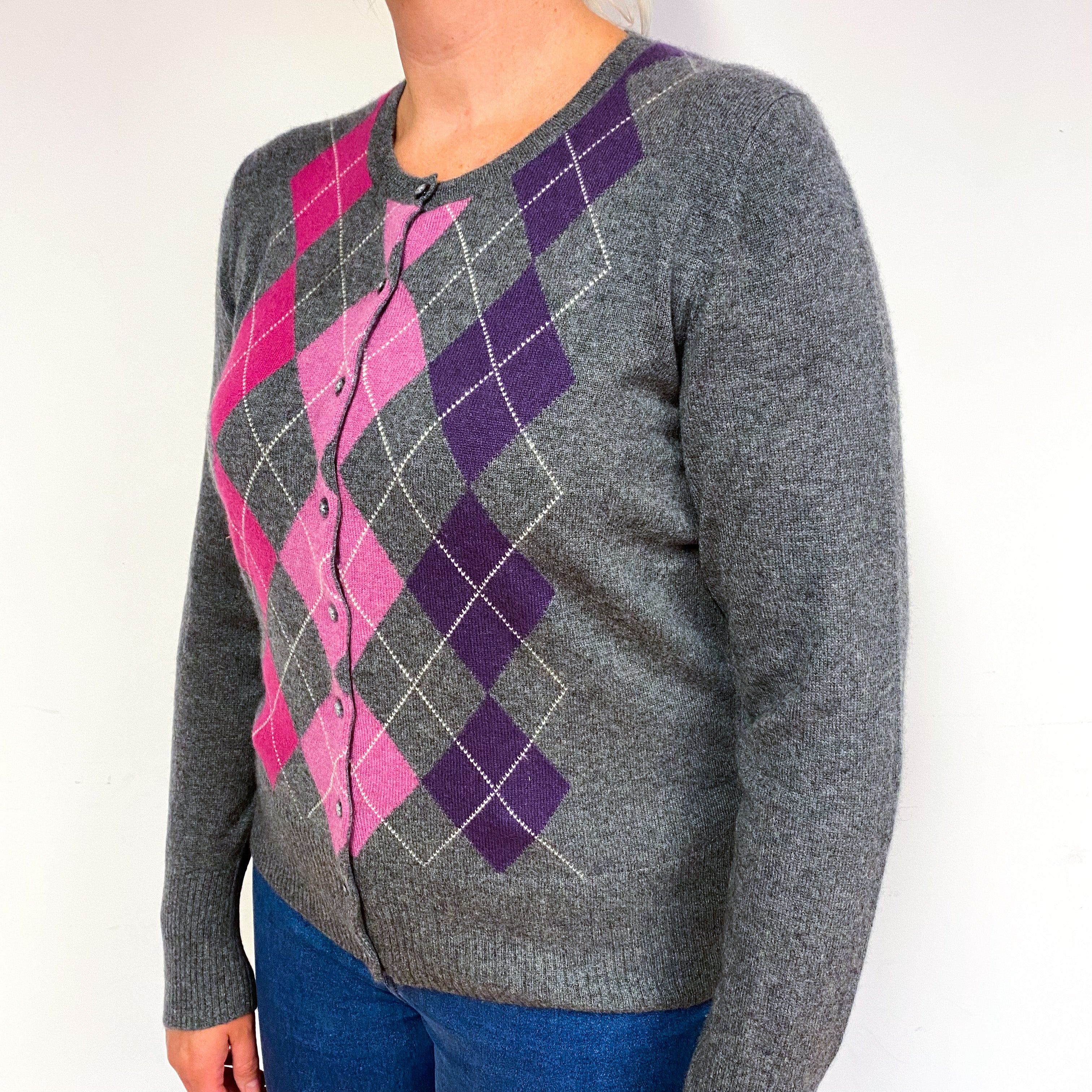 Slate Grey Pink Argyle Cashmere Crew Neck Cardigan Large