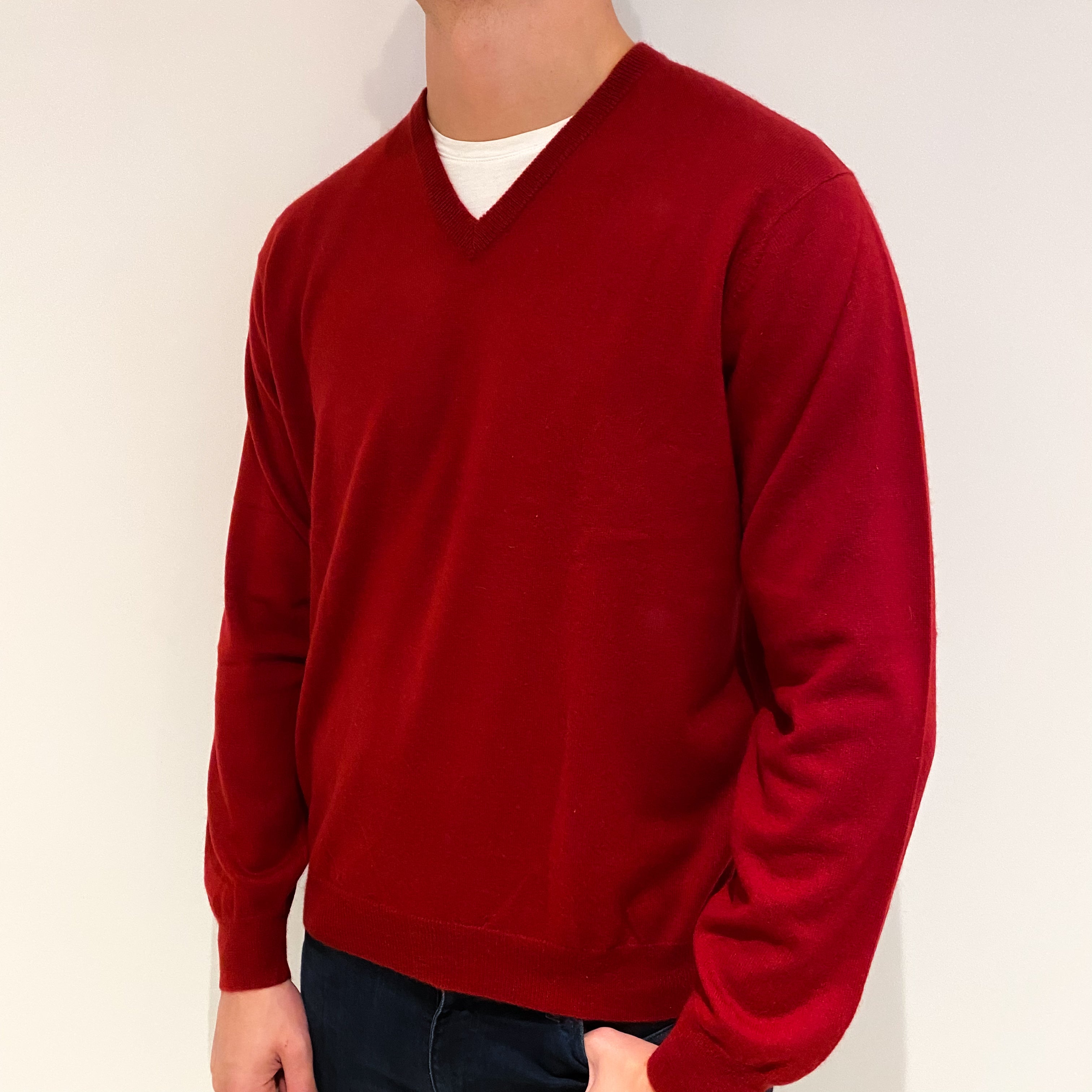 Men's Crimson Red Cashmere V-Neck Jumper Extra Large