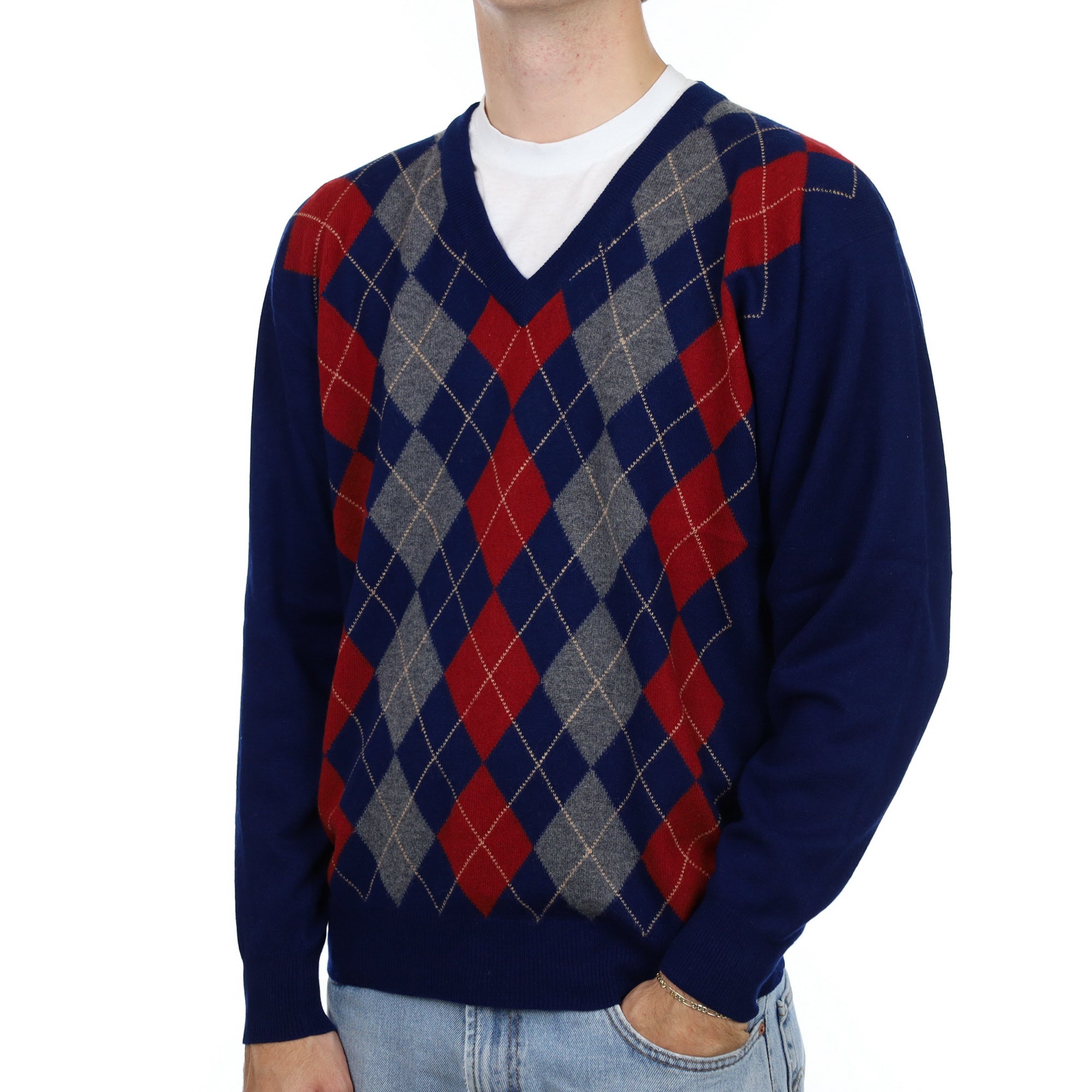 Men's Scottish Midnight Navy Argyle Cashmere V Neck Jumper Large