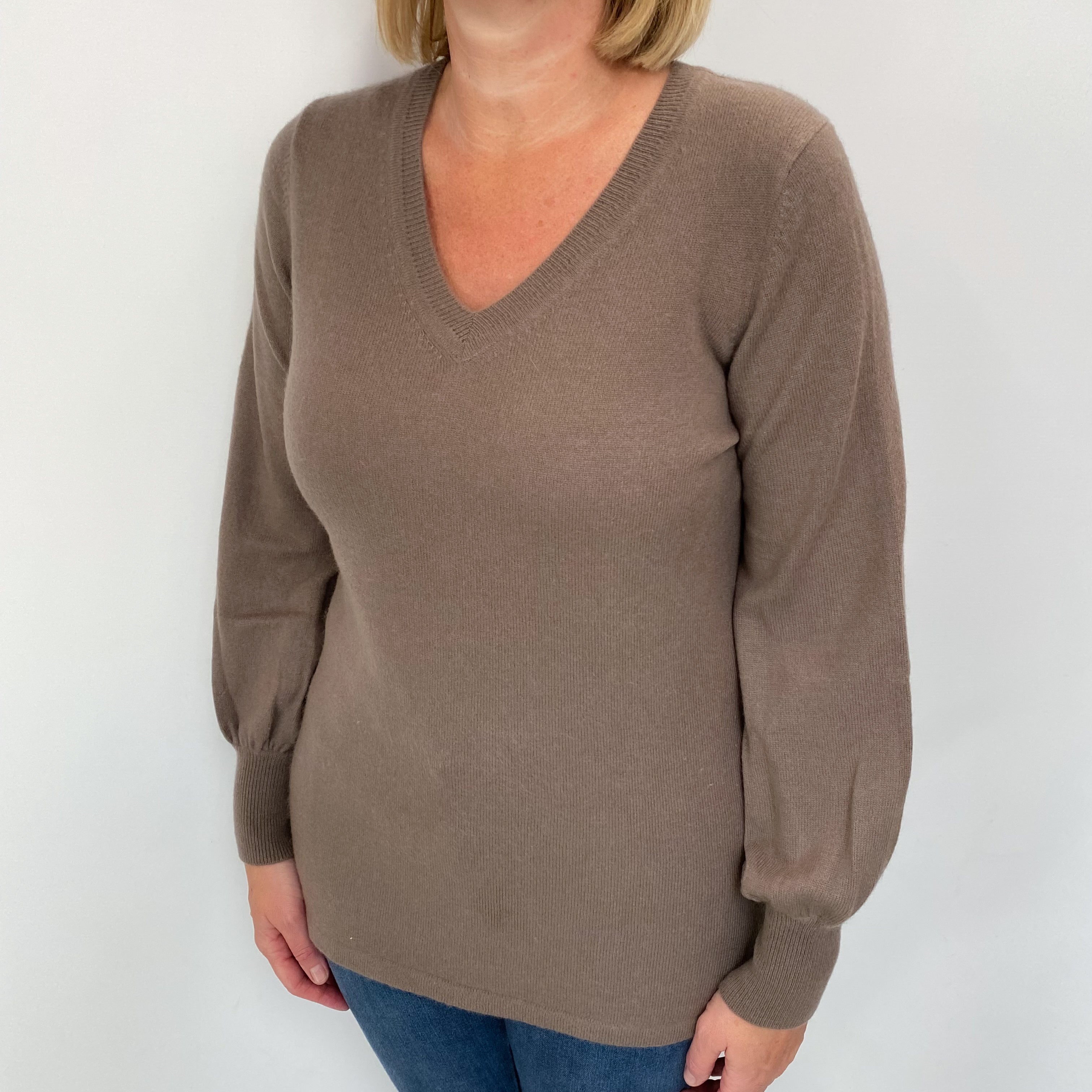 Pecan Brown Cashmere V Neck Jumper Large