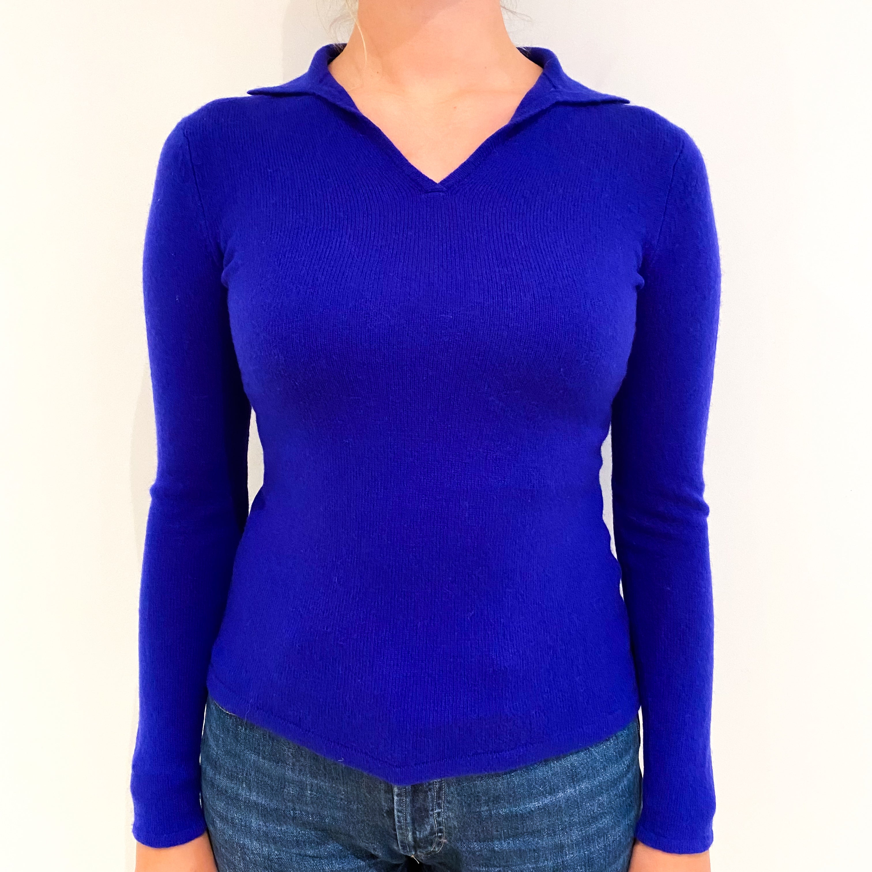 Indigo Blue Collared Cashmere V-Neck Jumper Small