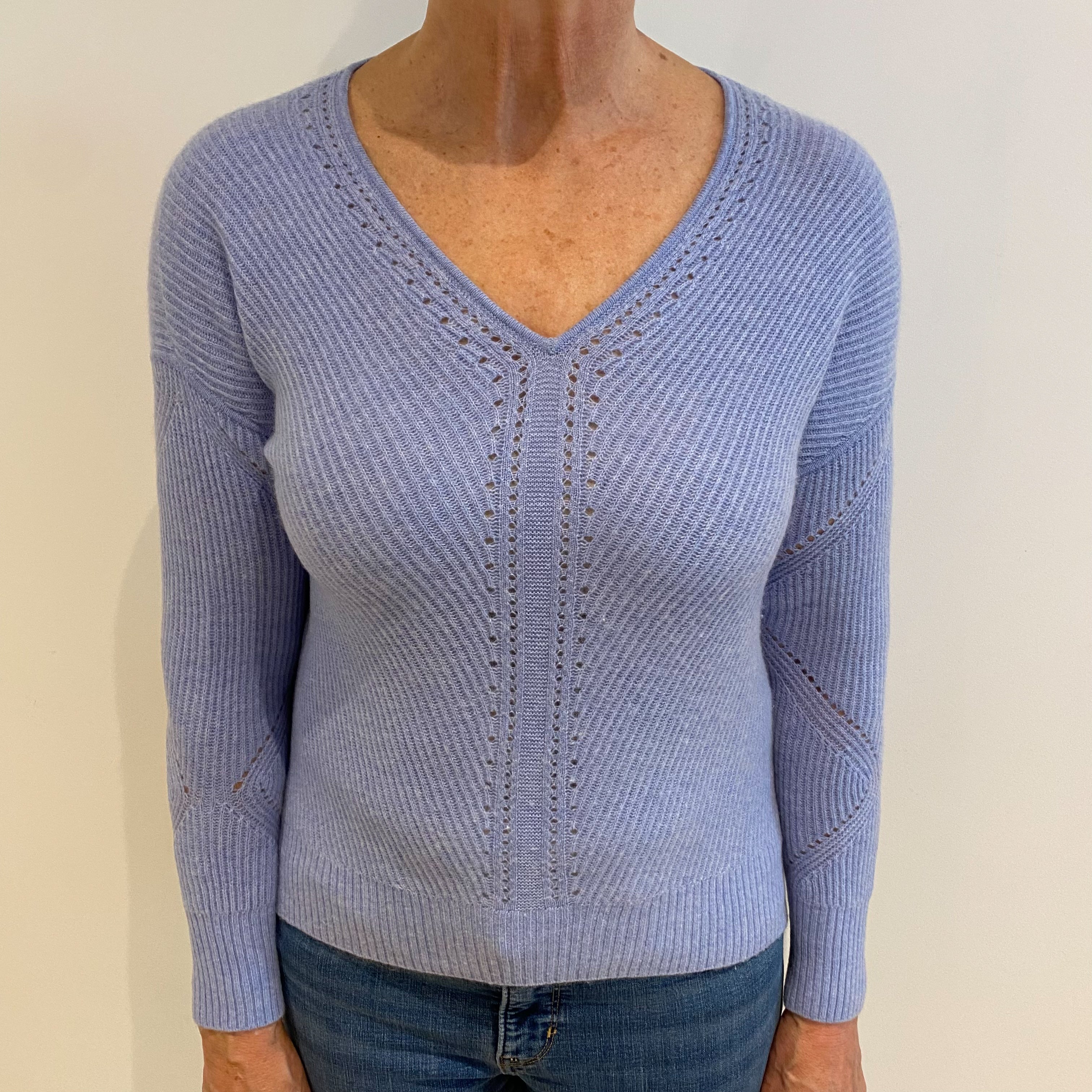 Sky Blue Cashmere V Neck Textured Knit Jumper Medium