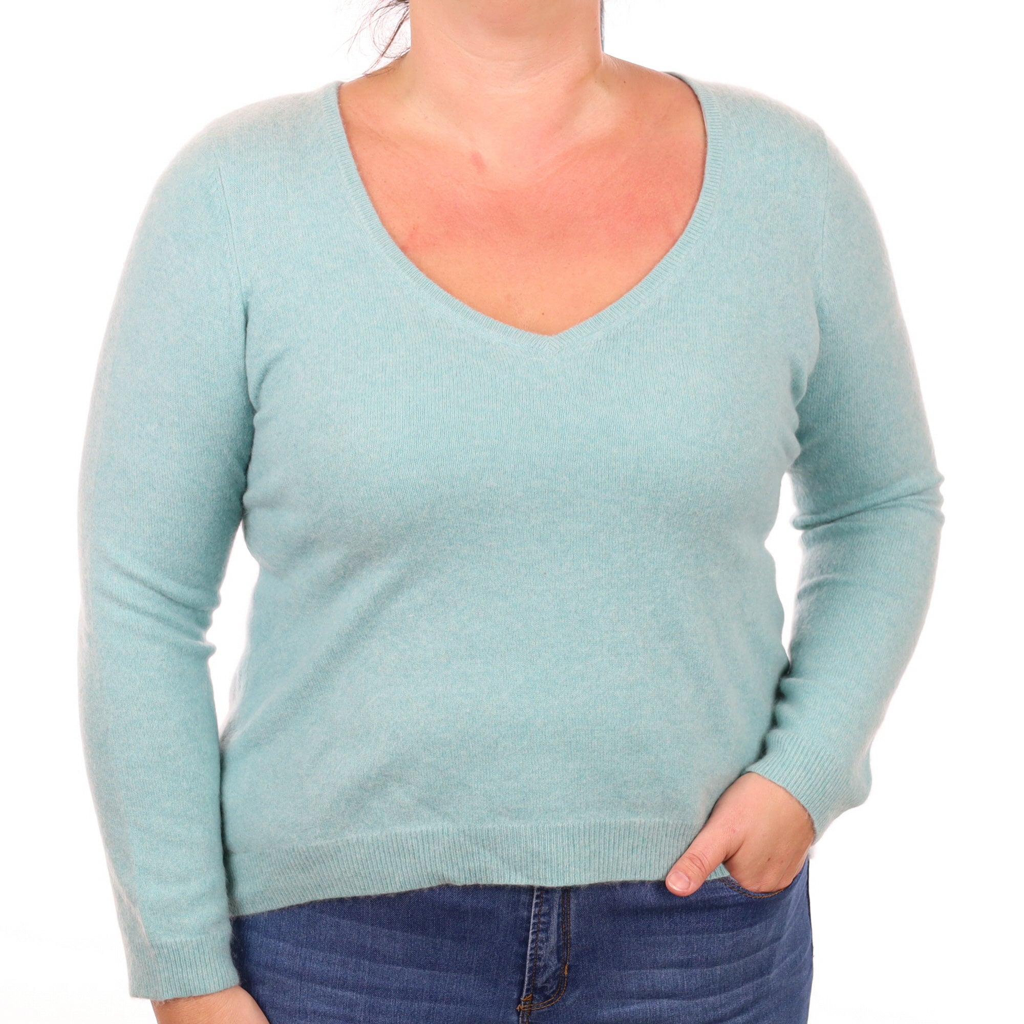 Aqua Green Cashmere V Neck Jumper Large