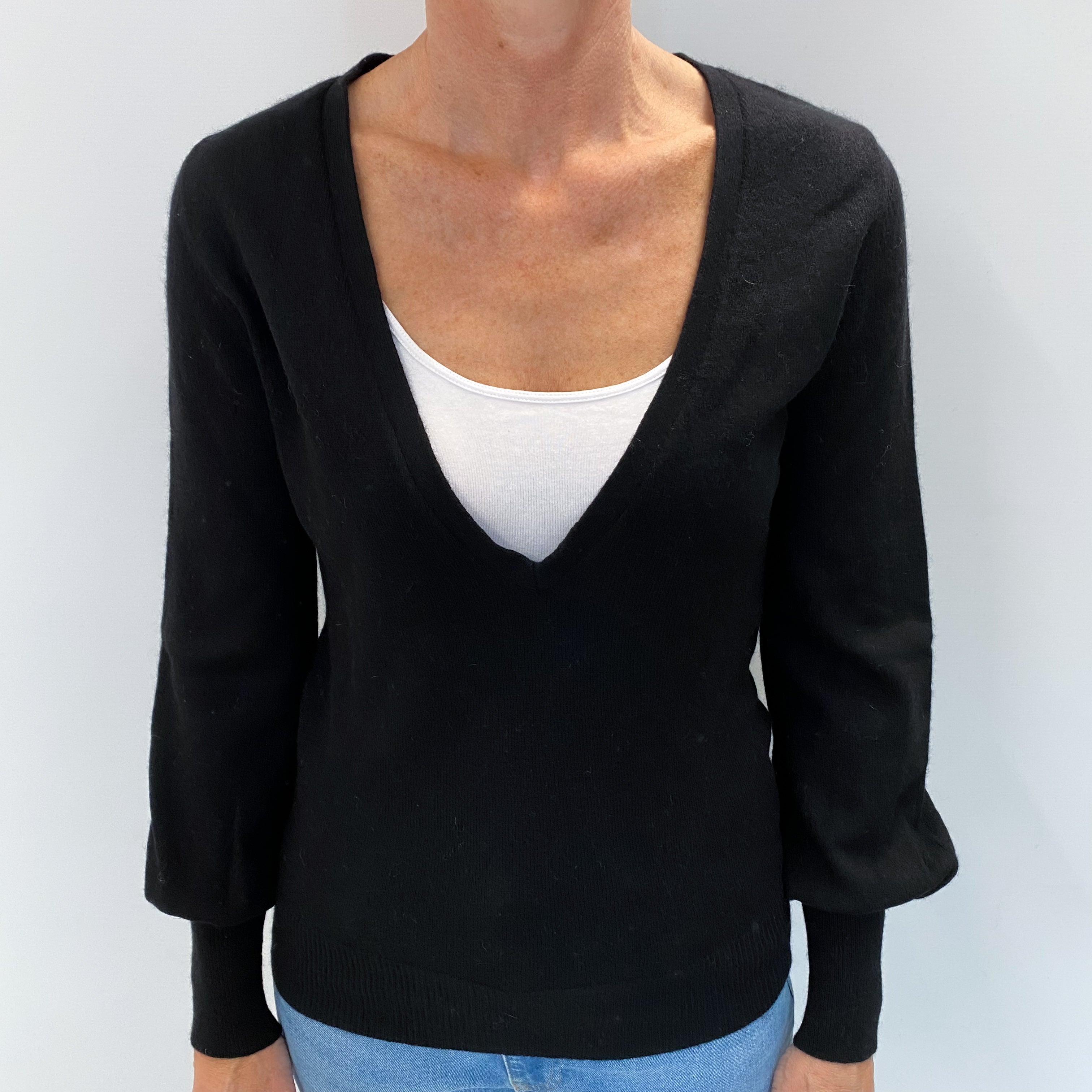 Black Cashmere Low V Neck Jumper Small