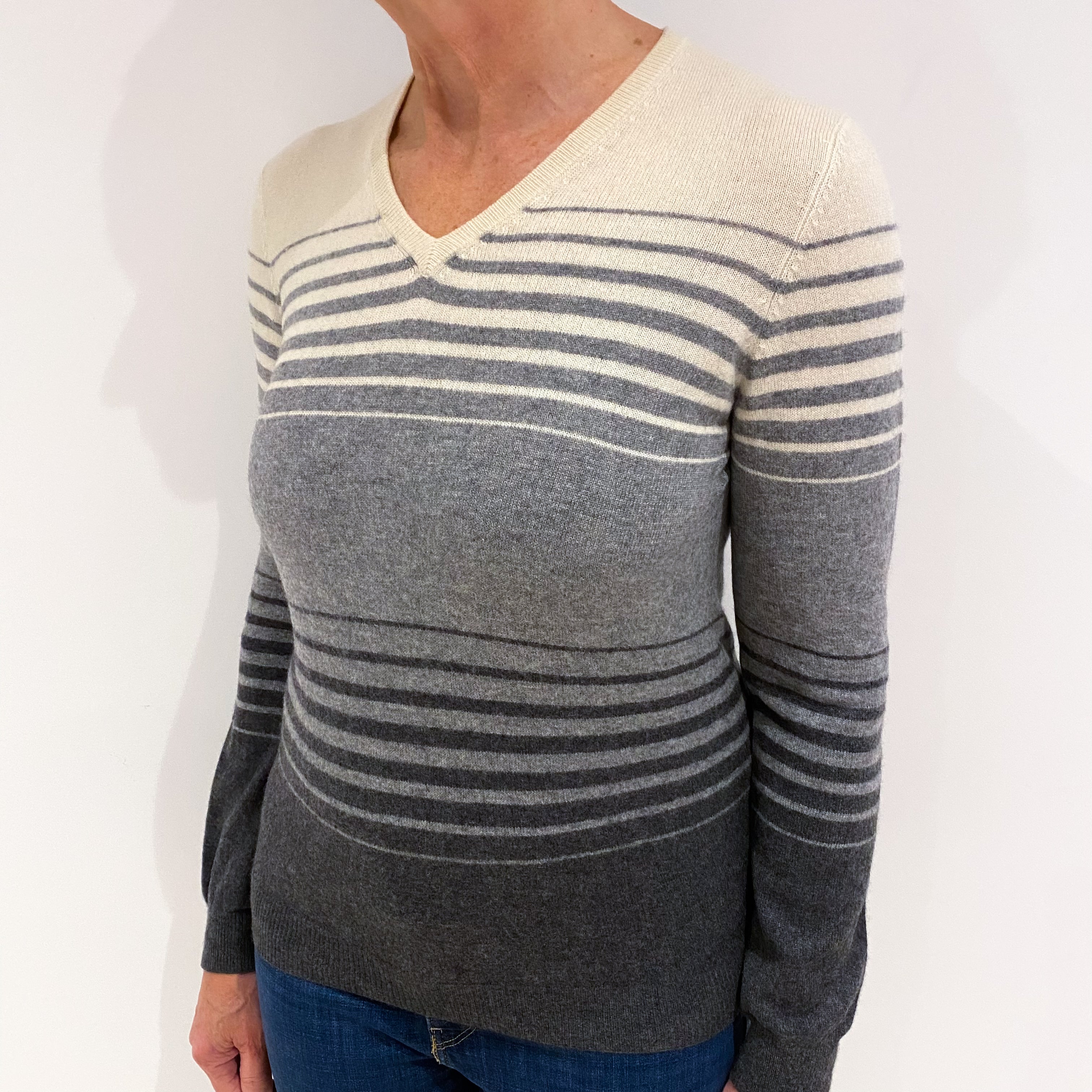 Grey and Cream Stripe Cashmere V Neck Jumper Medium