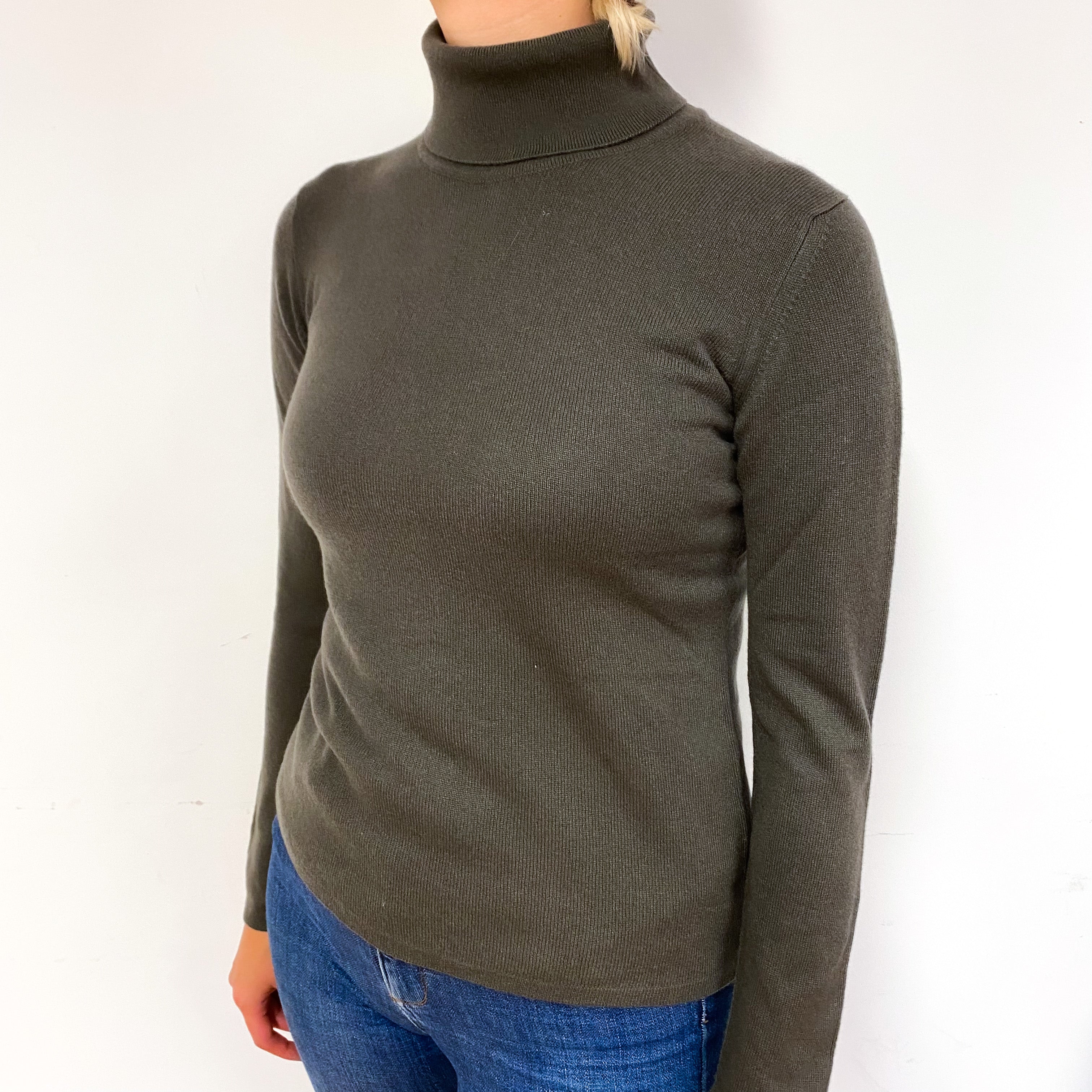 Muted Brown Lightweight Cashmere Polo Neck Jumper Small