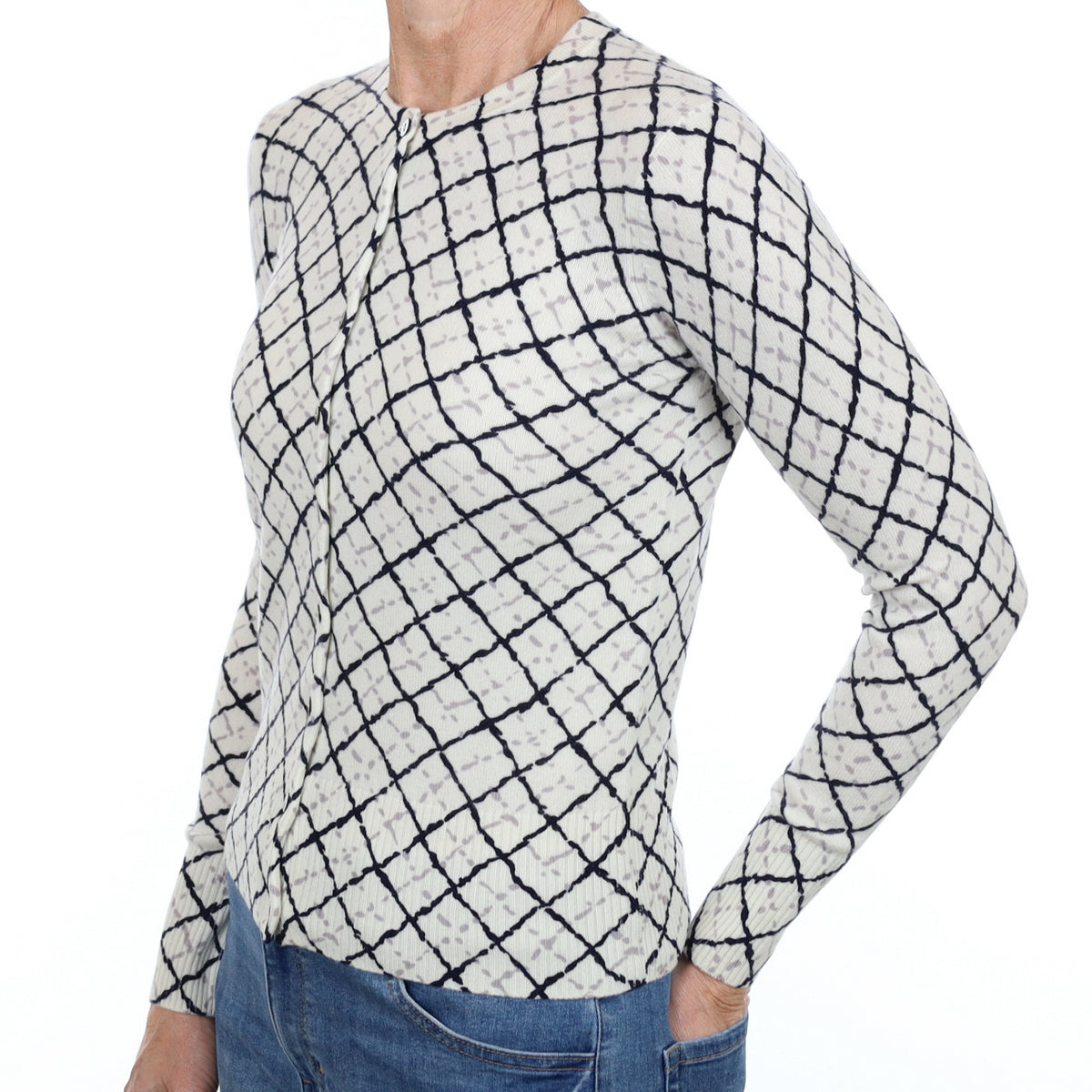 New Cream and Black Patterned Cashmere Crew Neck Cardigan Small