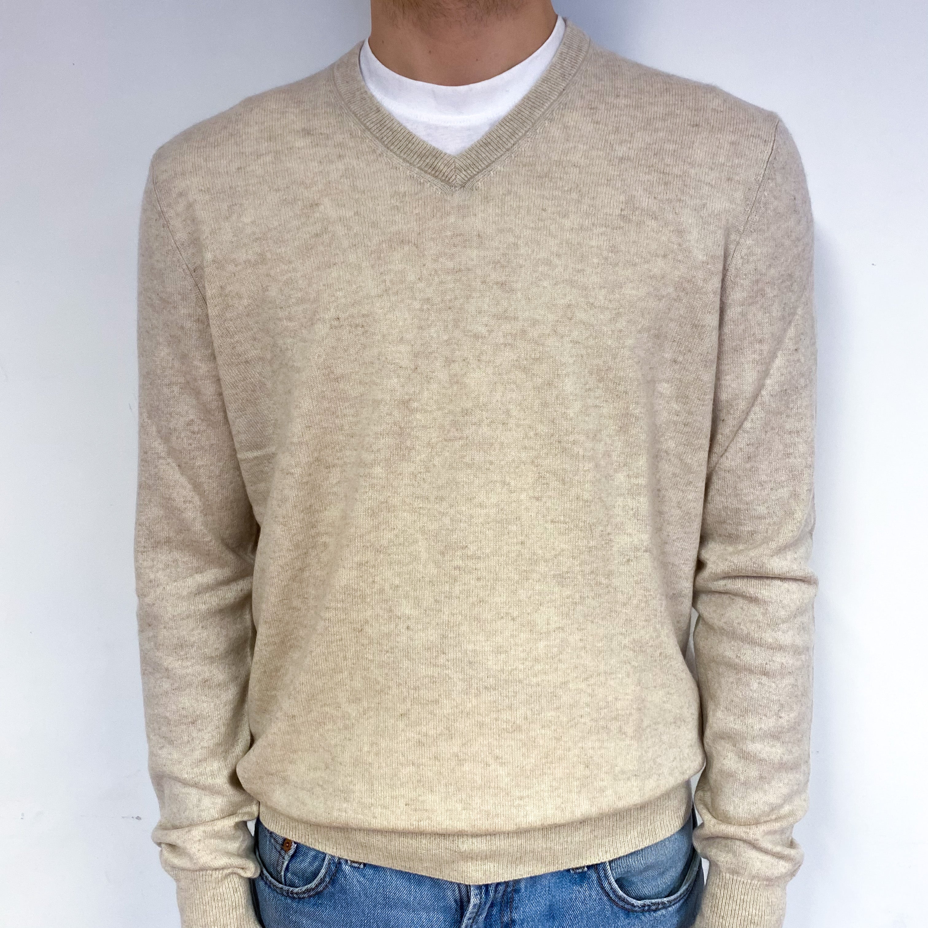 Men's Oatmeal Beige Cashmere V-Neck Jumper Large