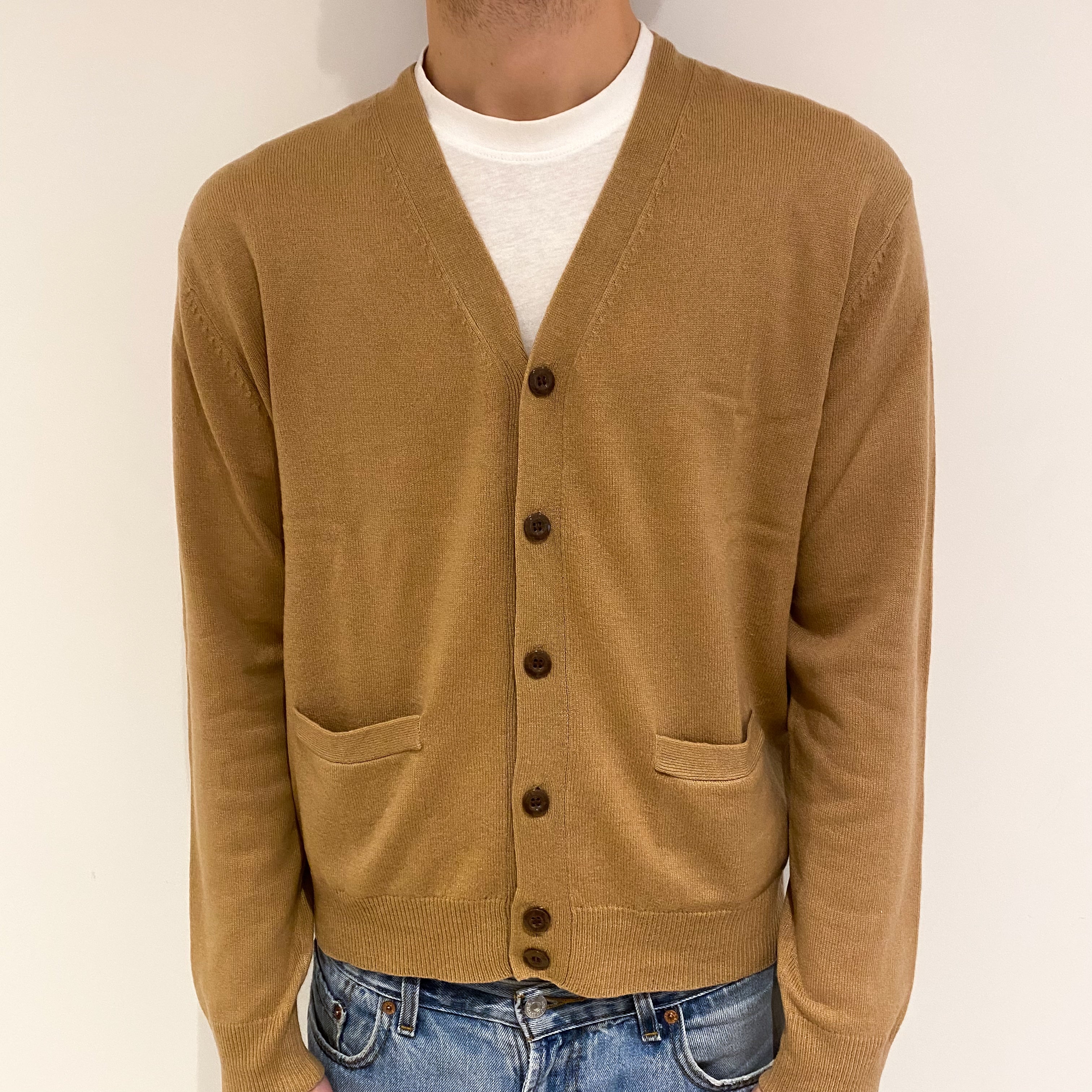 Men's Camel Brown Cashmere V Neck Cardigan with Pockets Large