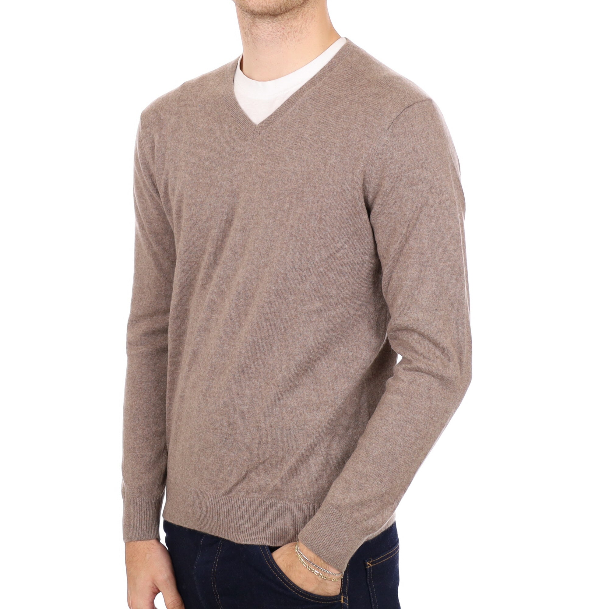 Men's Mocha Brown Cashmere V Neck Jumper Medium