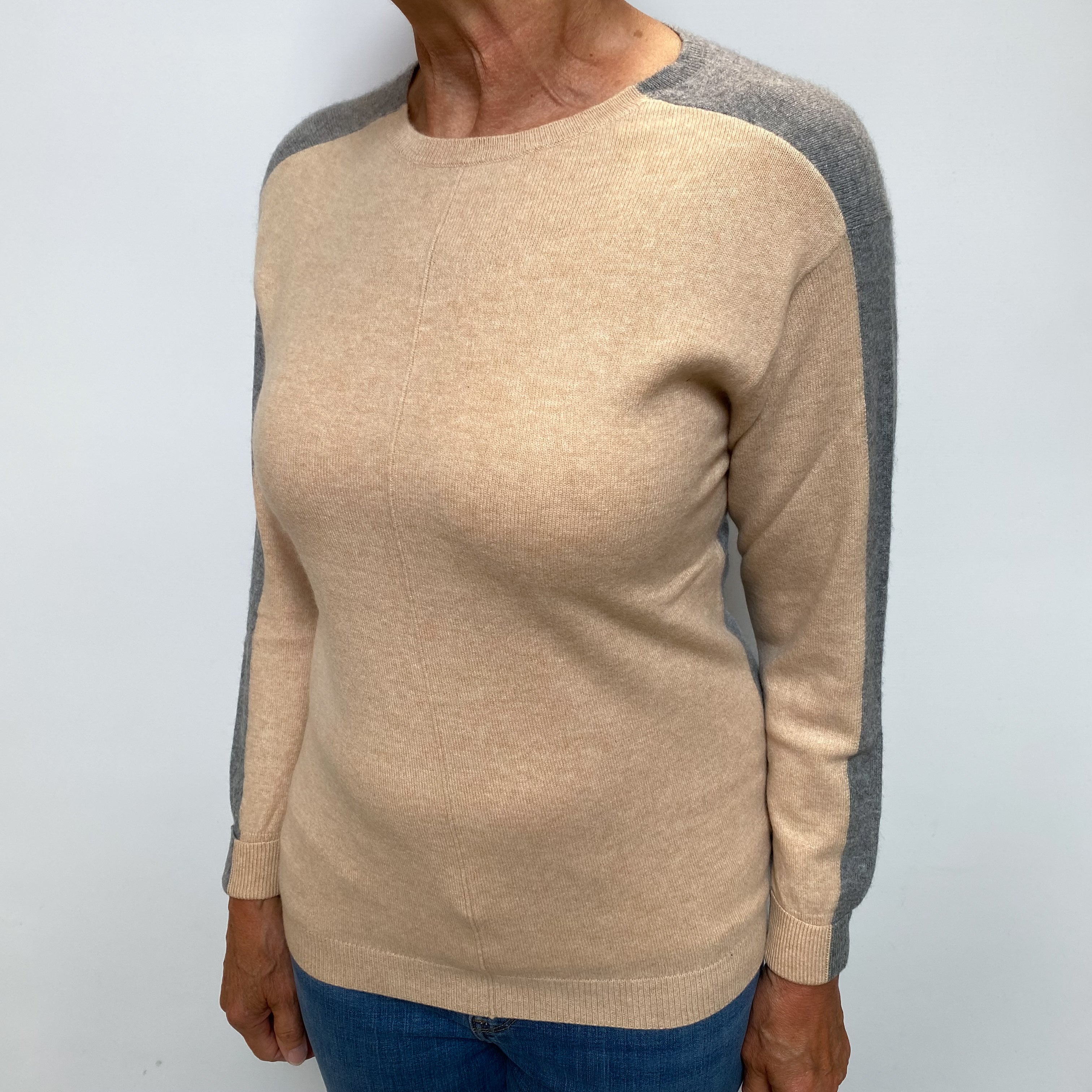 Sand and Grey Cashmere Crew Neck Jumper Medium