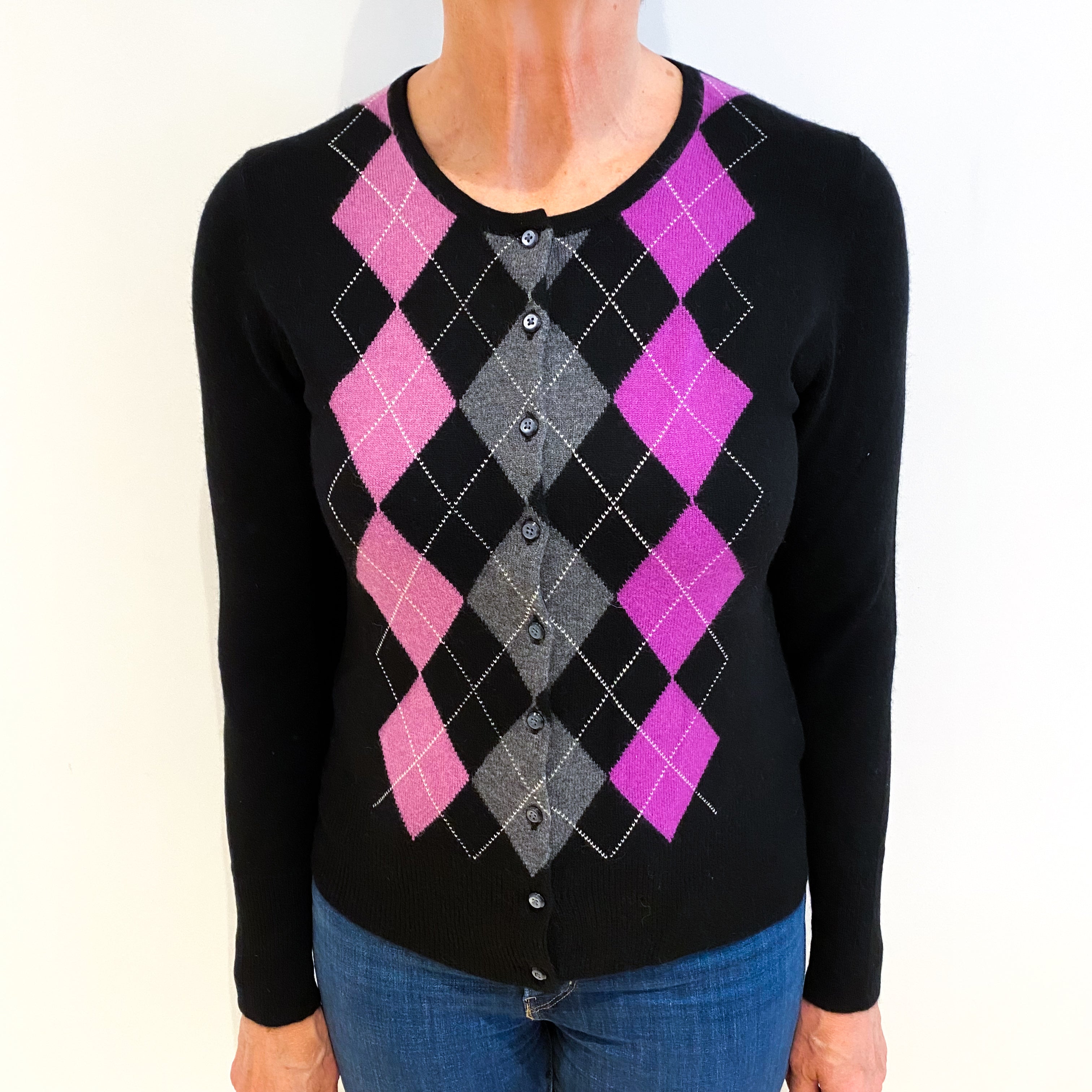 Black Argyle Cashmere Cardigan Medium