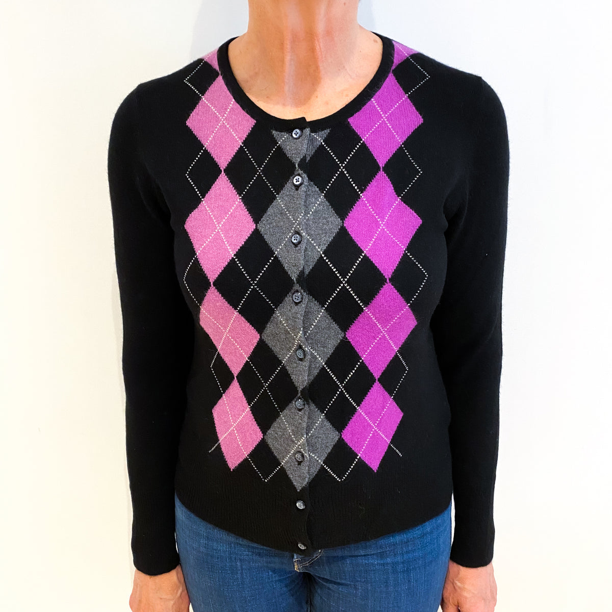 Black Argyle Cashmere Cardigan Medium