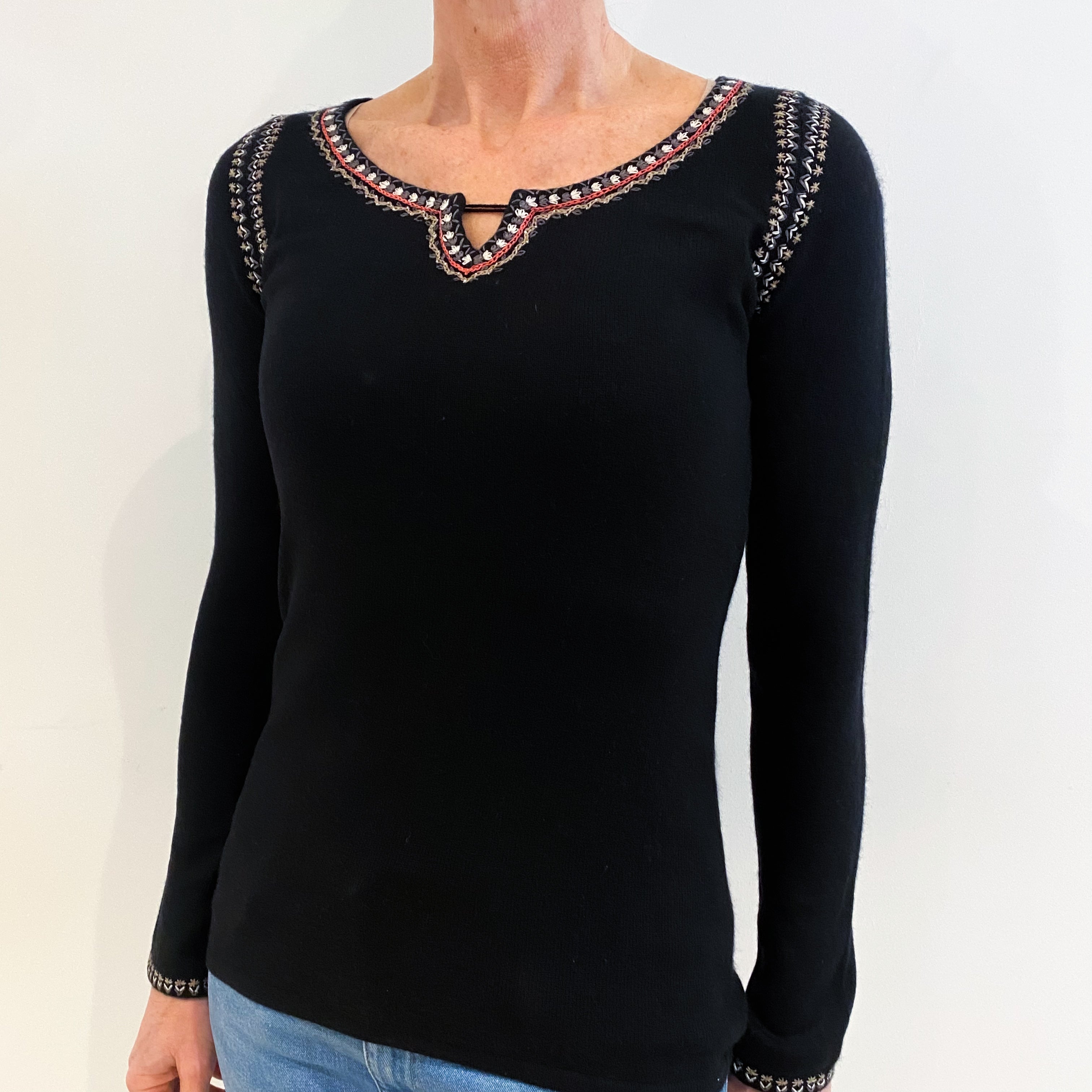 Black Cashmere Embroidered Notch Neck Jumper Small
