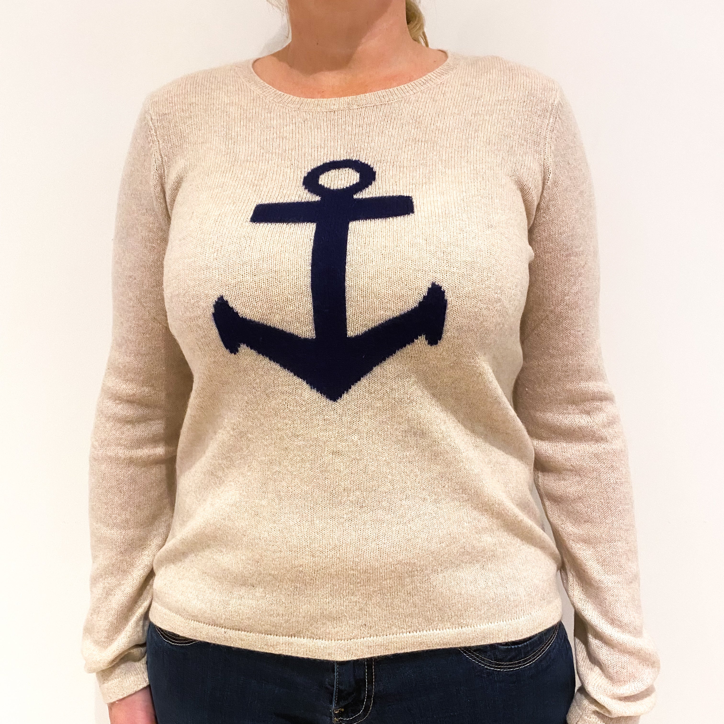Oatmeal Beige Navy Anchor Front Cashmere Crew Neck Jumper Large