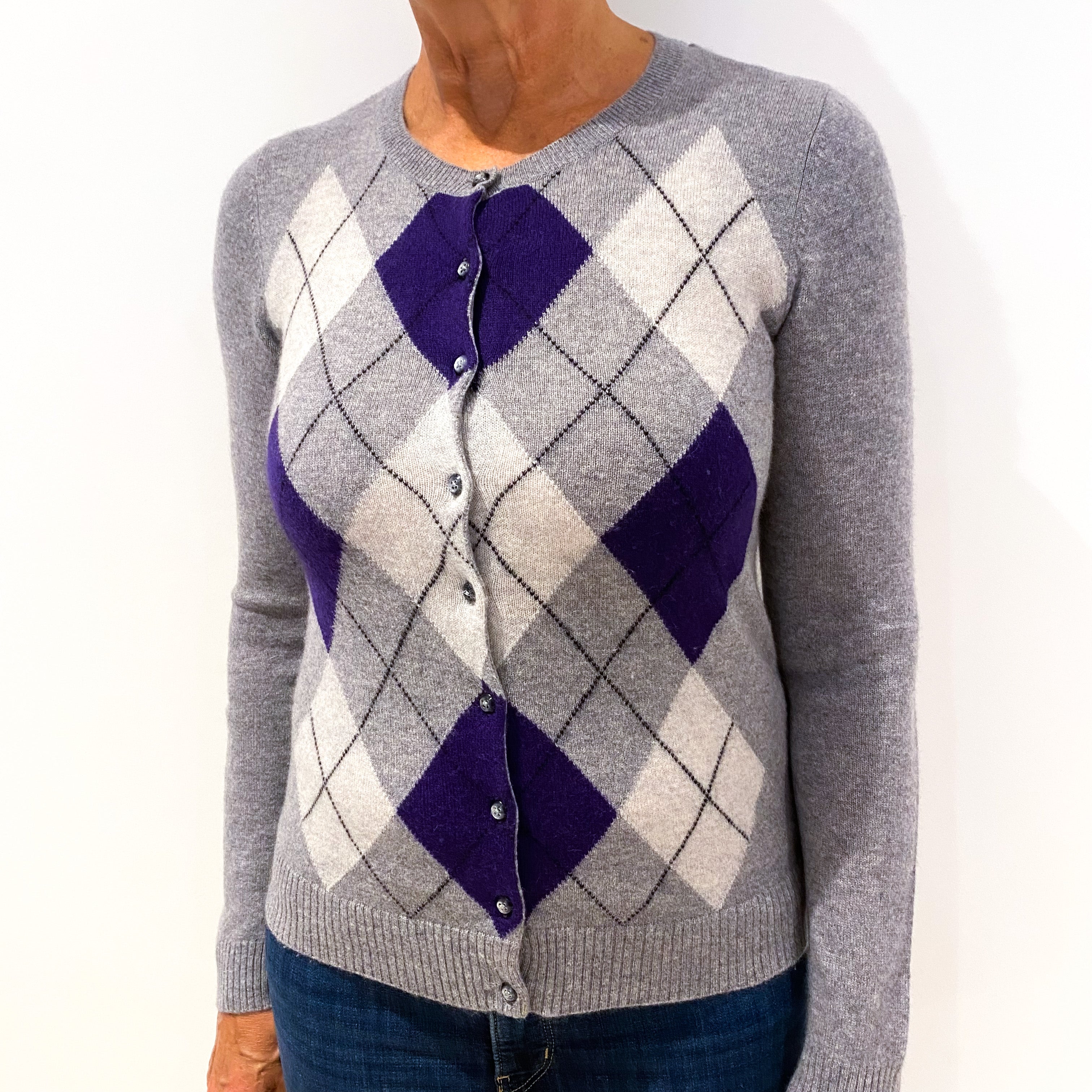 Purple Grey Argyle Knit Cashmere Crew Neck Cardigan Medium