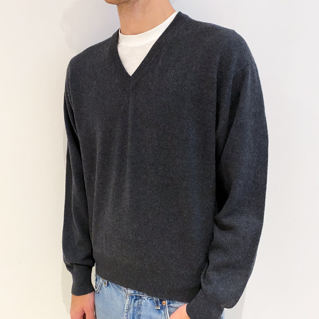 Men's Slate Grey Cashmere V Neck Jumper Large