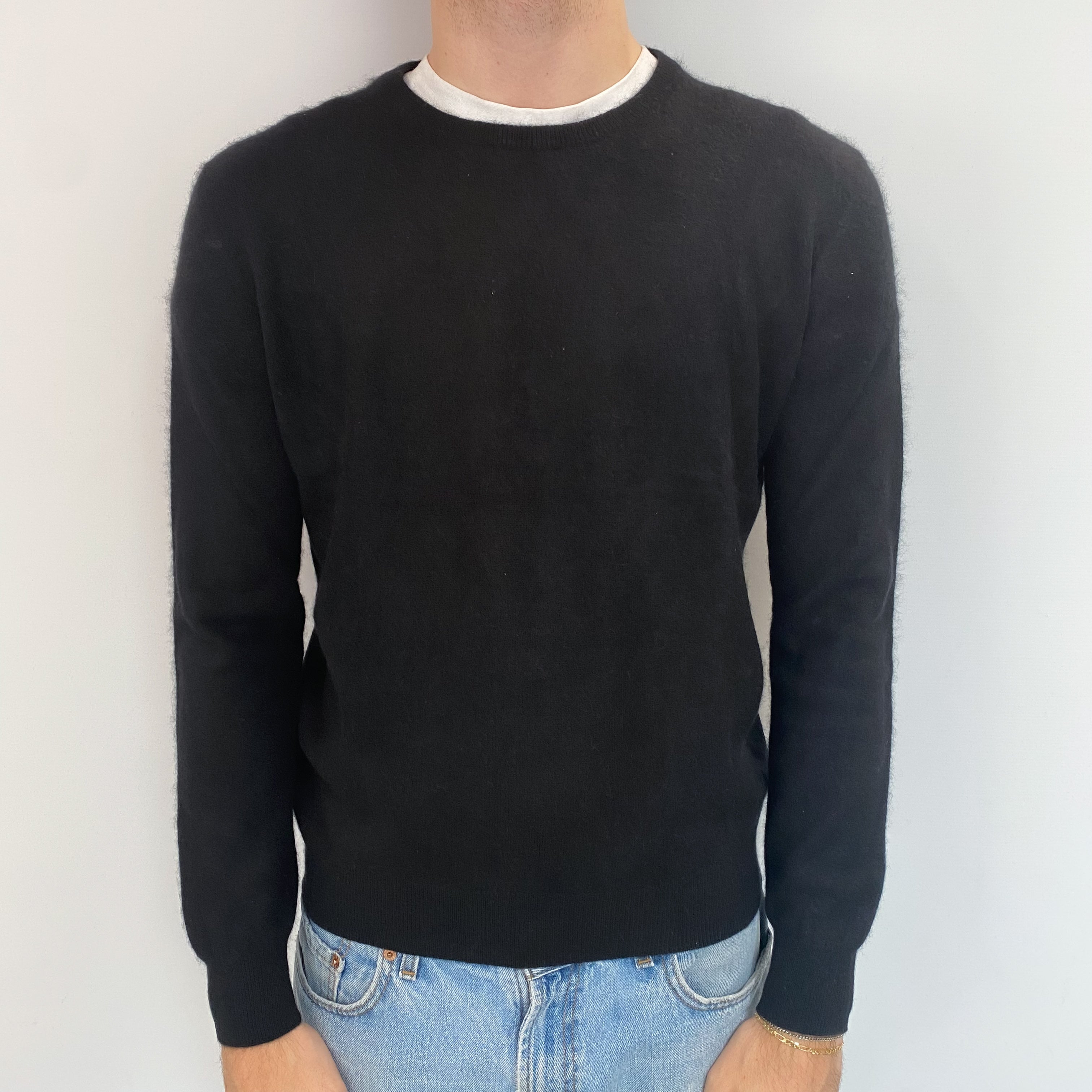 Men's Black Cashmere Crew Neck Jumper Medium