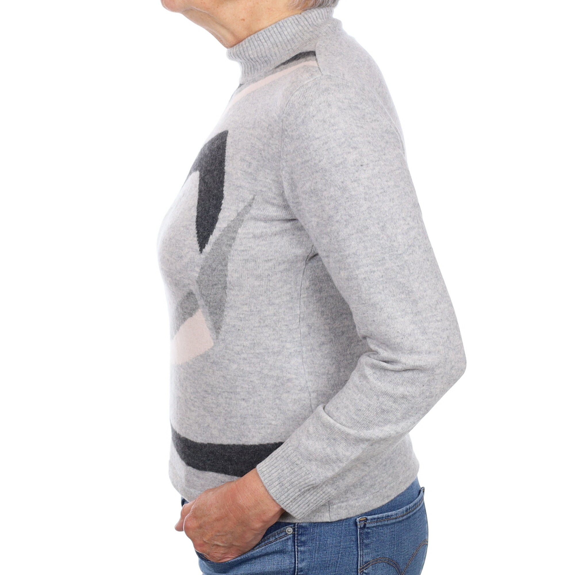 Grey Patterned Cashmere Turtle Neck Jumper Medium