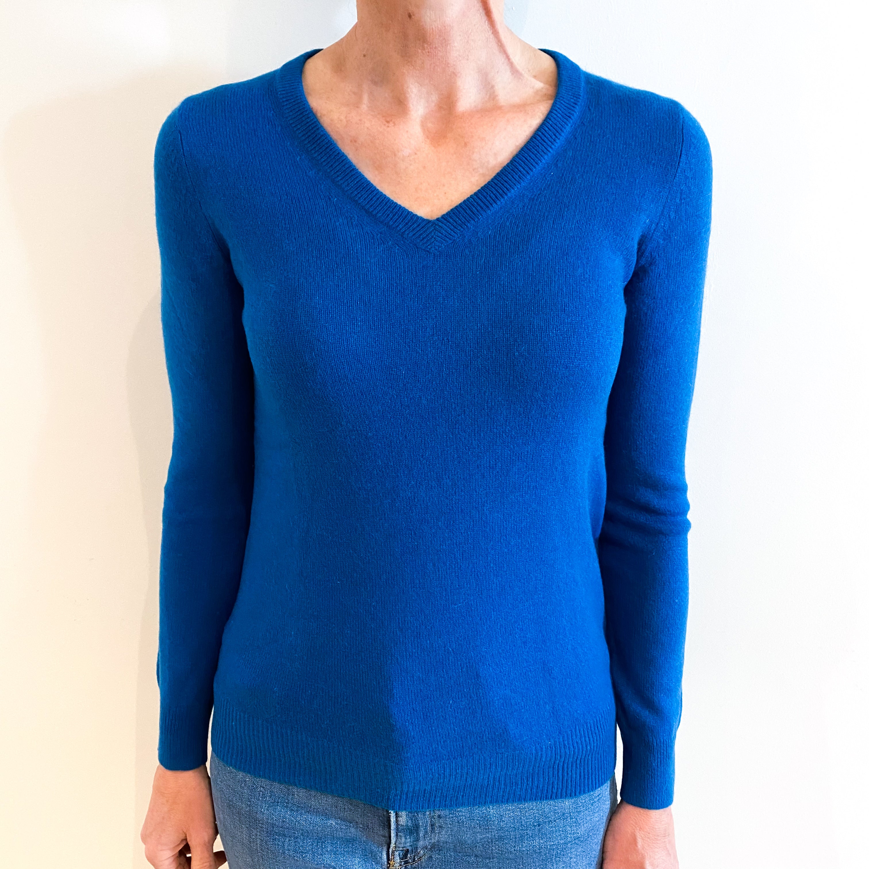 Peacock Blue Cashmere V Neck Jumper Small