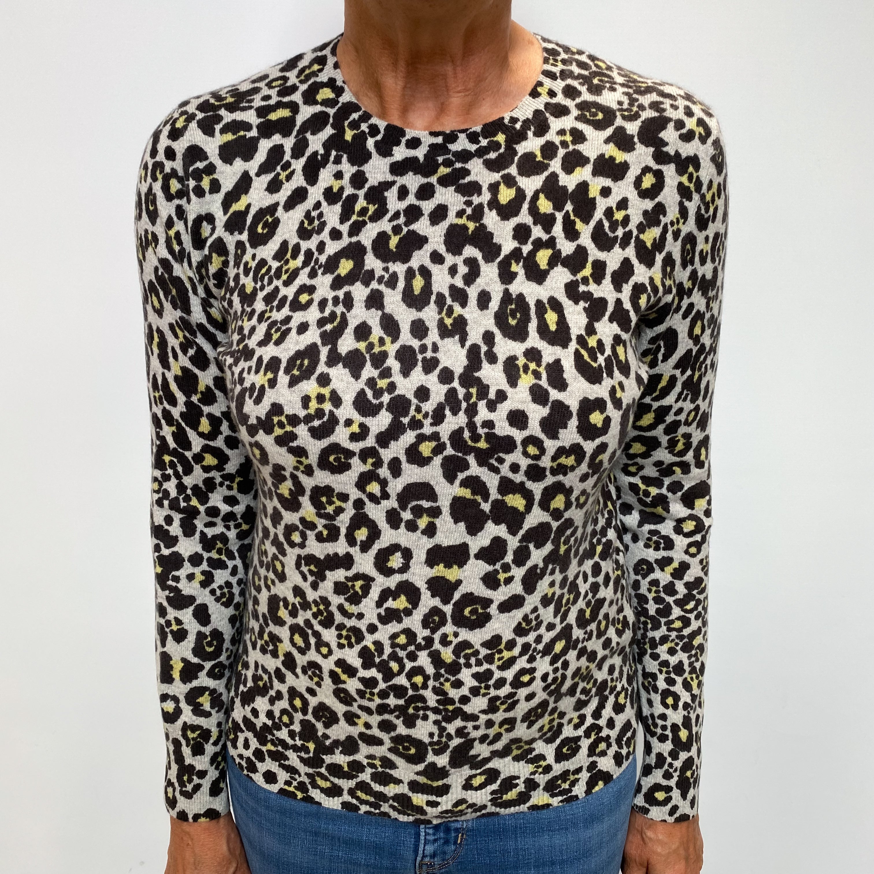 Grey and Yellow Leopard Cashmere Crew Neck Jumper Medium