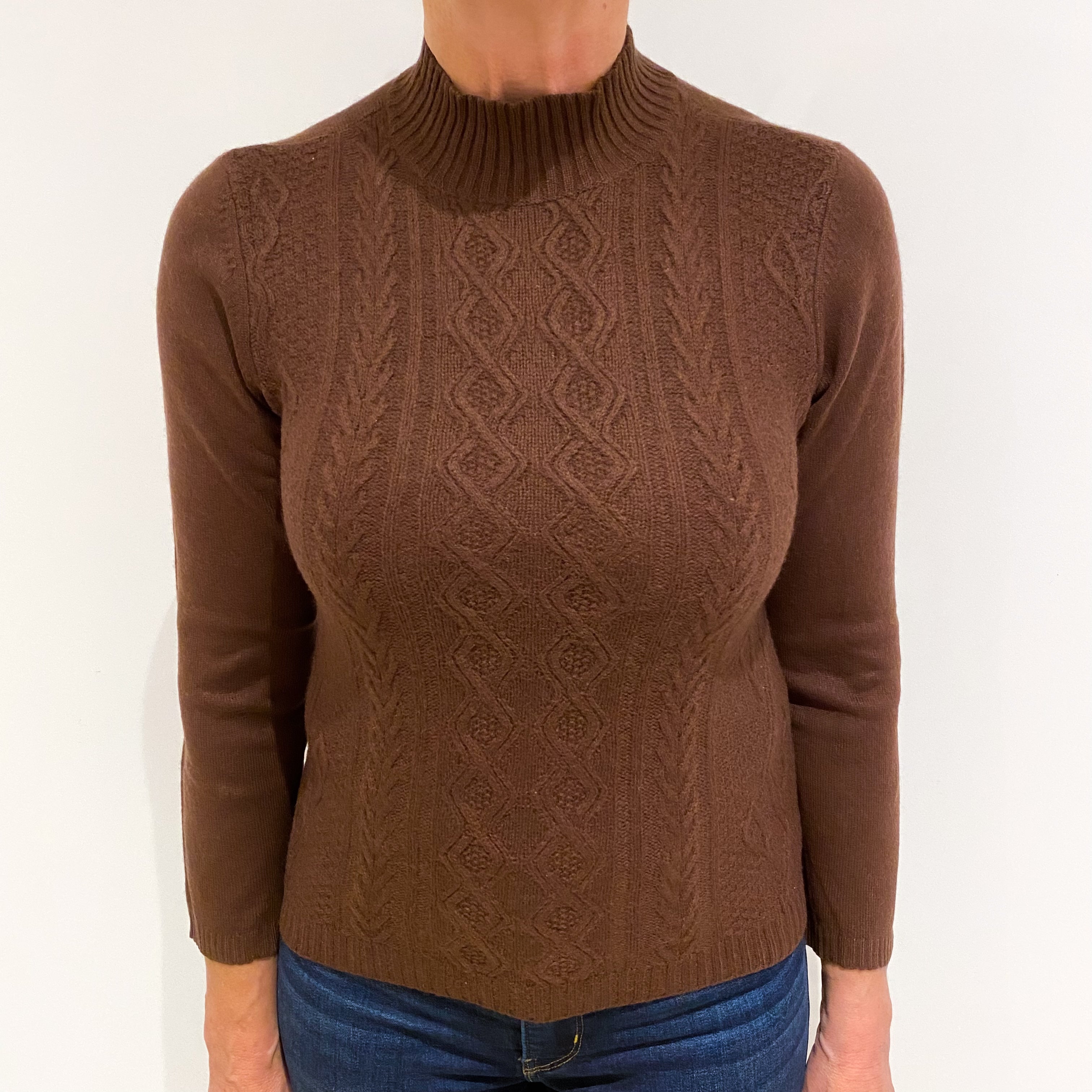 Umber Brown Textured Cashmere Turtle Neck Jumper Medium