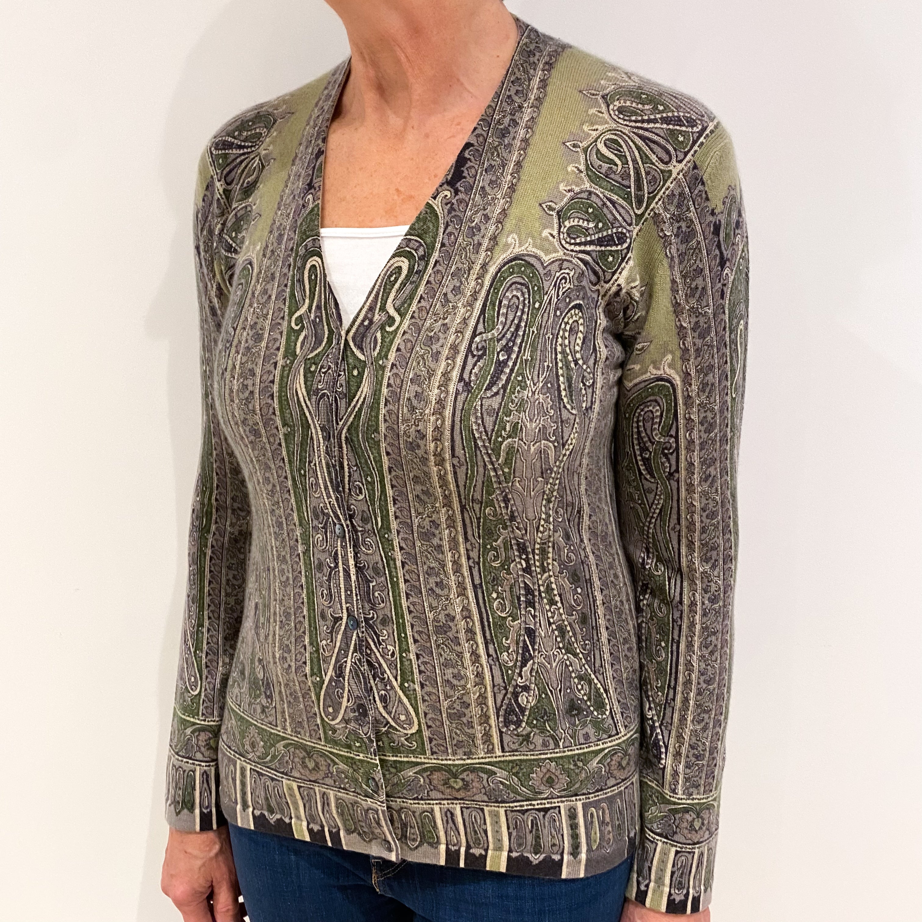 Sage Green Patterned Cashmere V Neck Cardigan Medium