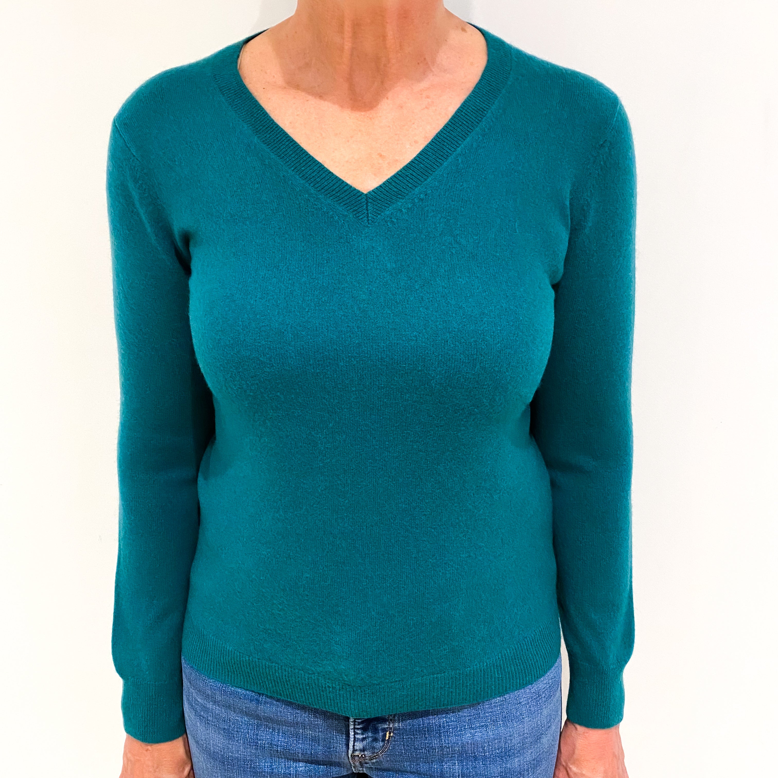 Shamrock Green Cashmere V Neck Jumper Medium