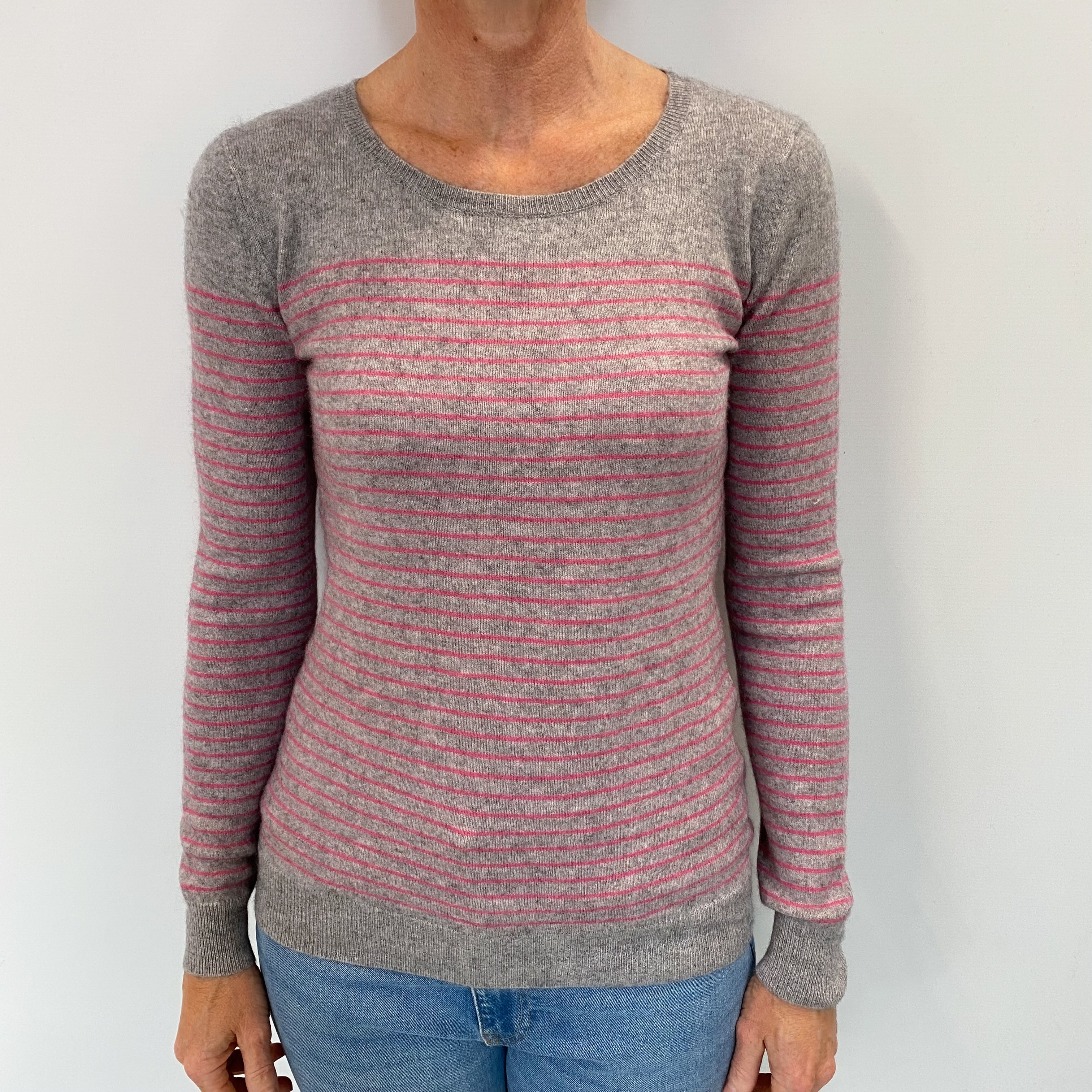 Ash Grey And Pink Stripe Cashmere Crew Neck Jumper Small
