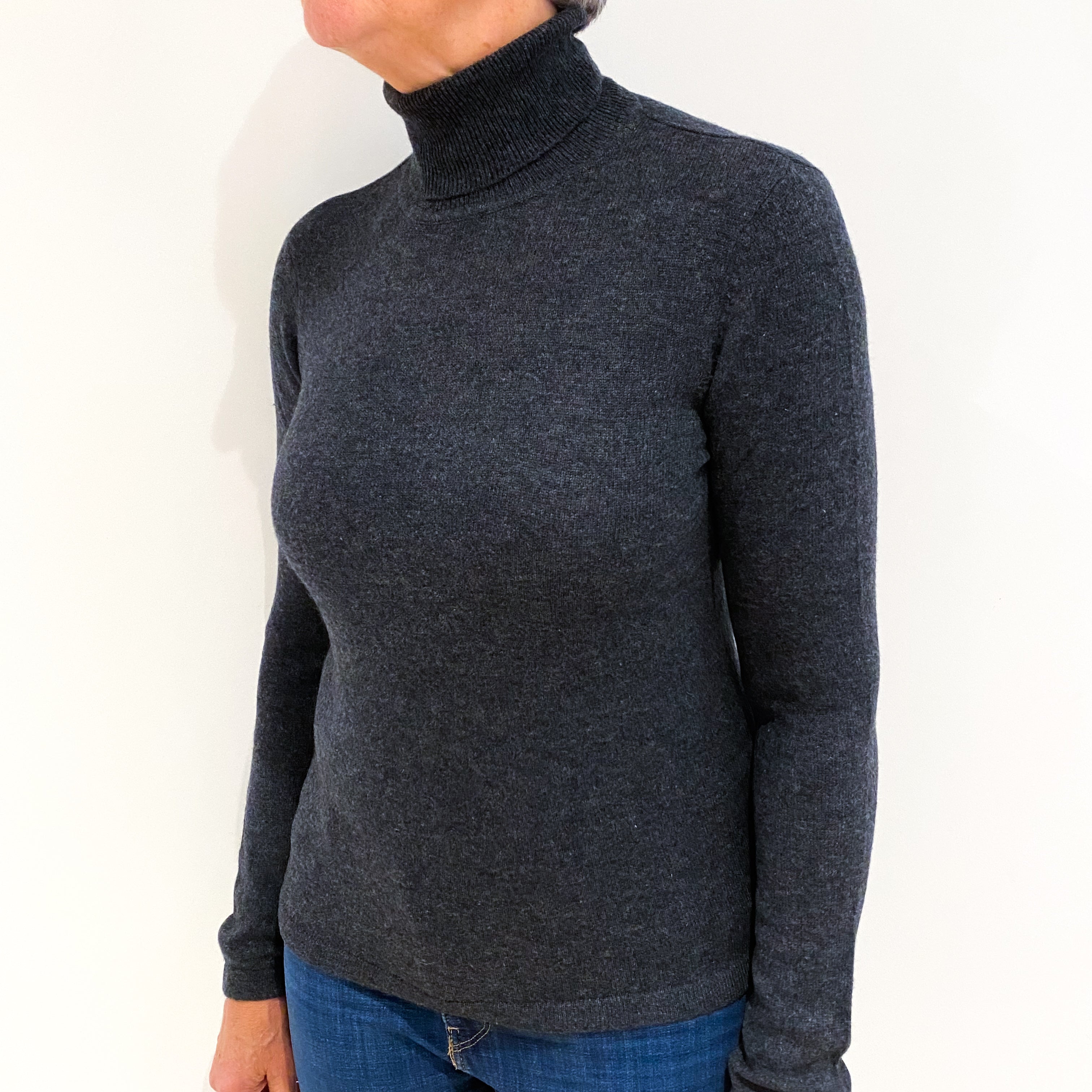 Charcoal Grey Lightweight Cashmere Polo Neck Jumper Medium