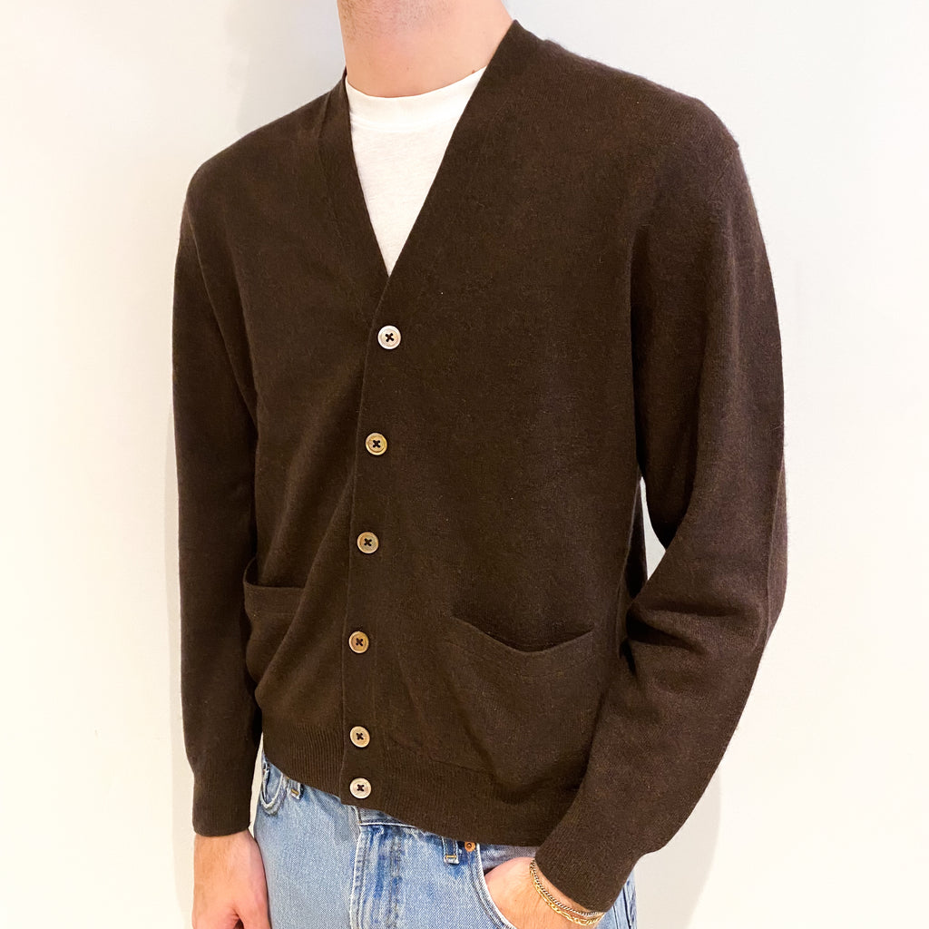Men's Chocolate Brown Cashmere V Neck Cardigan Medium