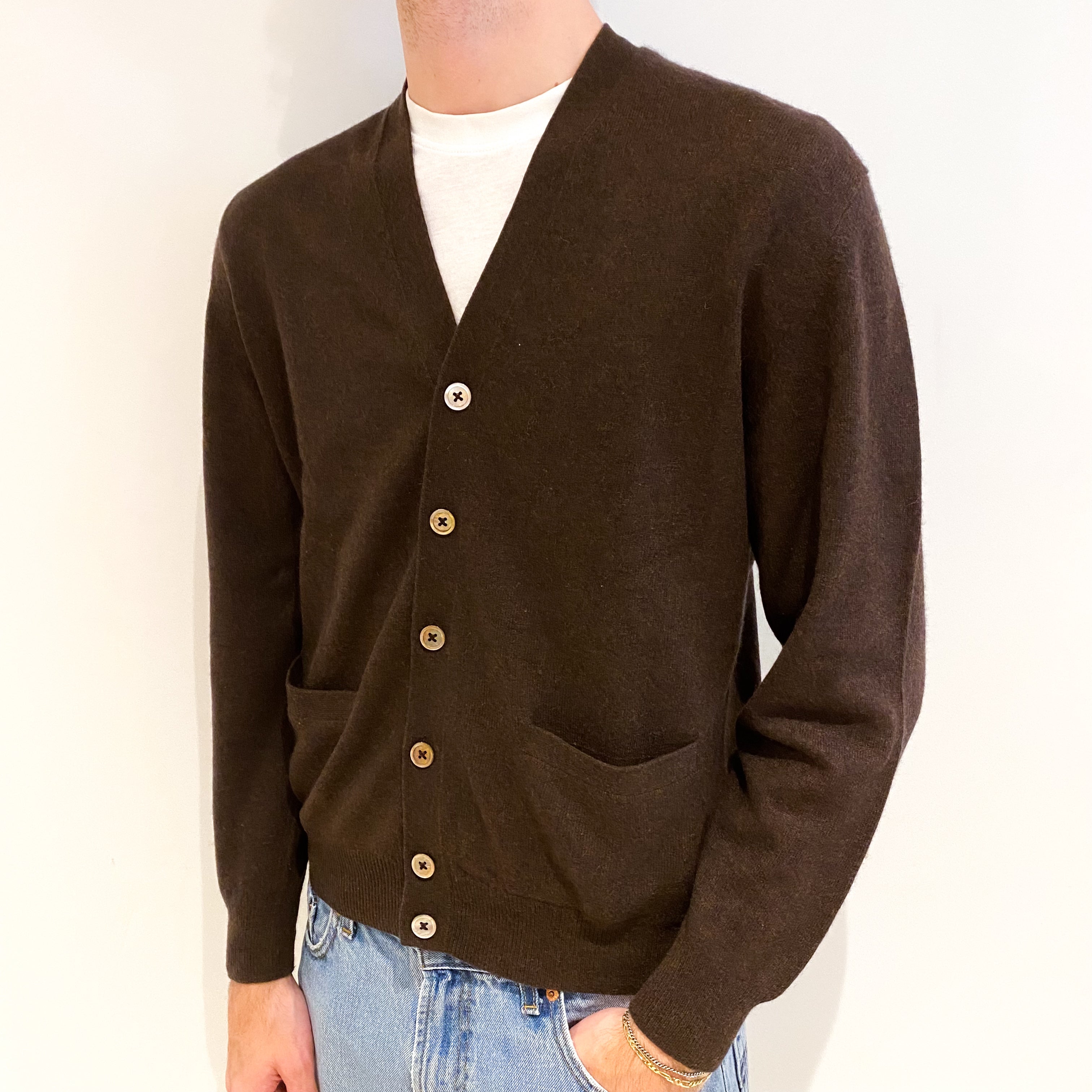 Men's Chocolate Brown Cashmere V Neck Cardigan Medium