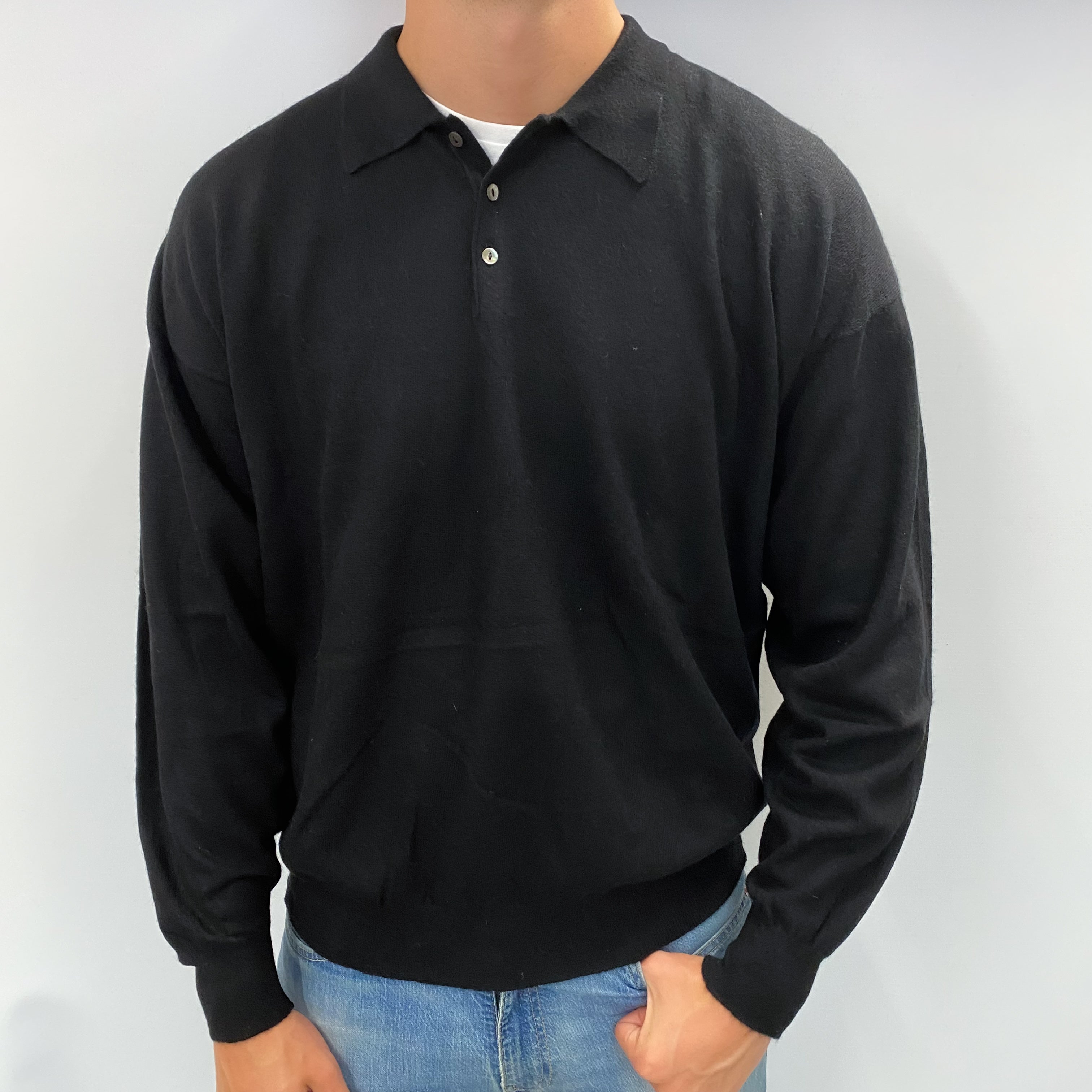 Men's Scottish Black Cashmere Collared 1/4 Button Up V Neck Jumper XXL