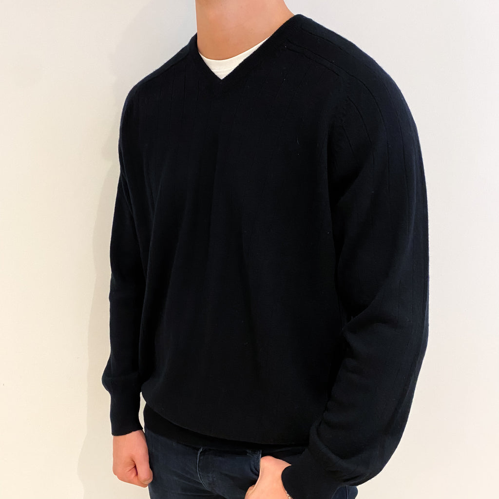 Men's Black Cashmere V Neck Jumper XXL