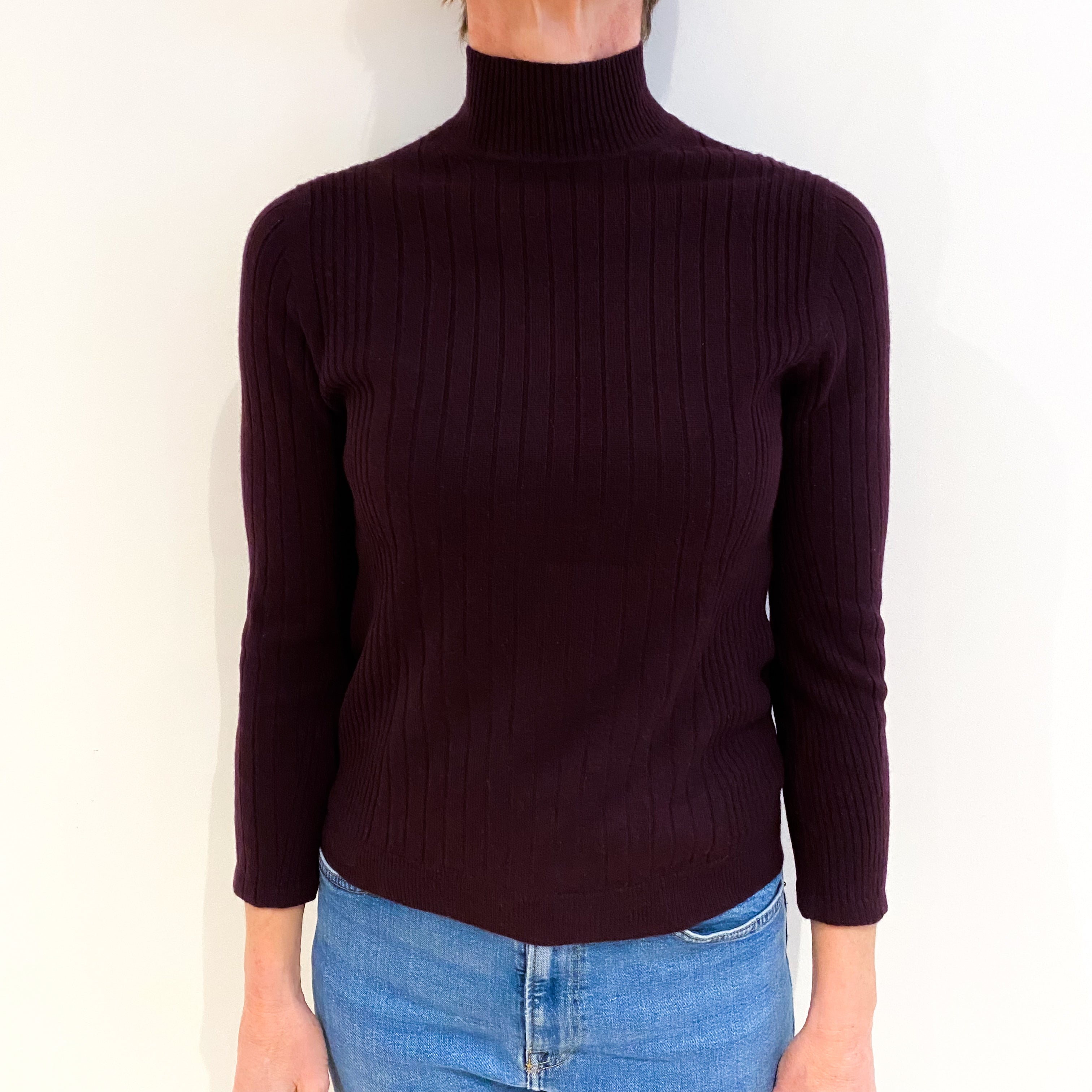 Deep Aubergine Rib Knit Cashmere Turtle Neck Jumper Small