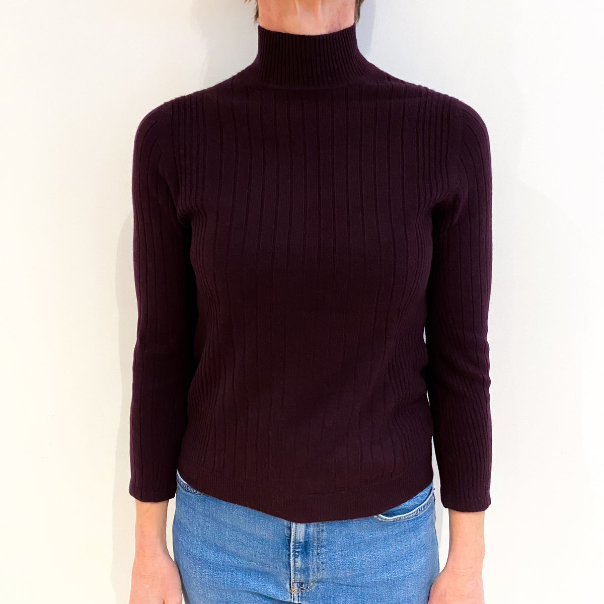 Deep Aubergine Rib Knit Cashmere Turtle Neck Jumper Small