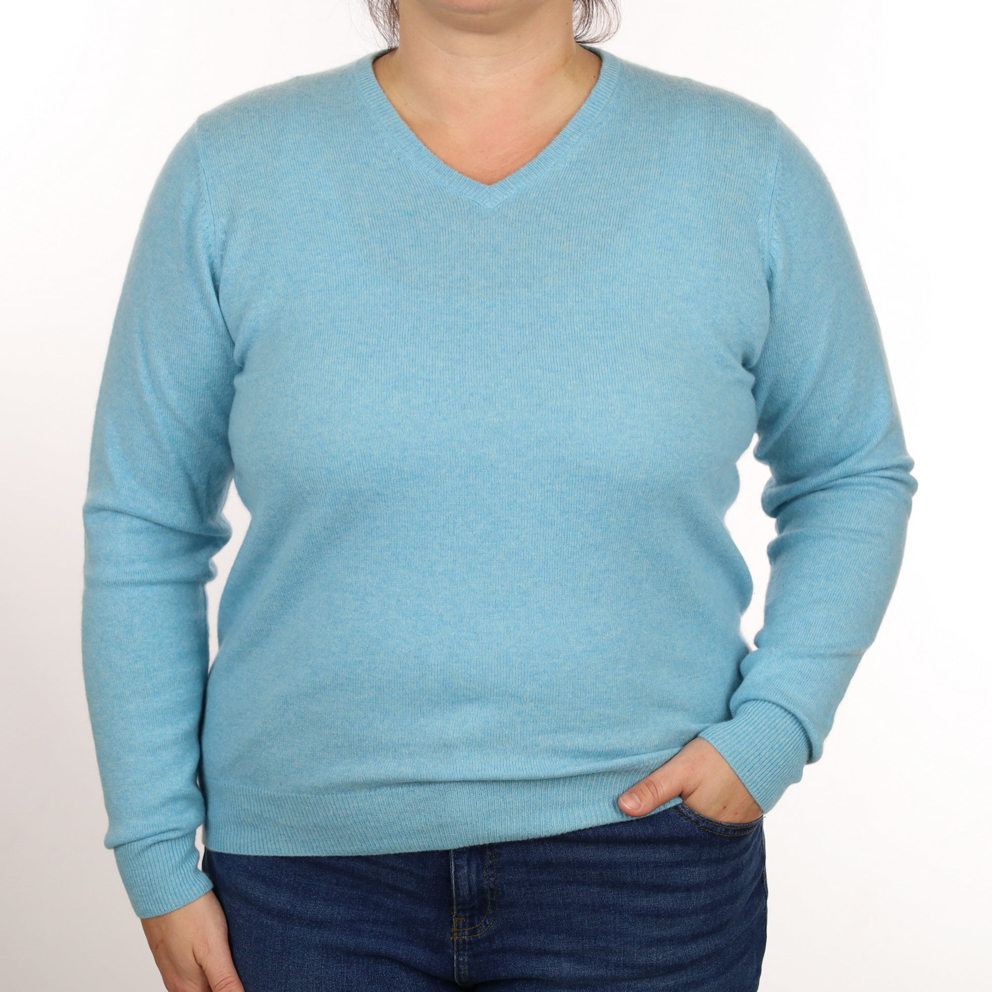 Aqua Blue Cashmere V Neck Jumper Large