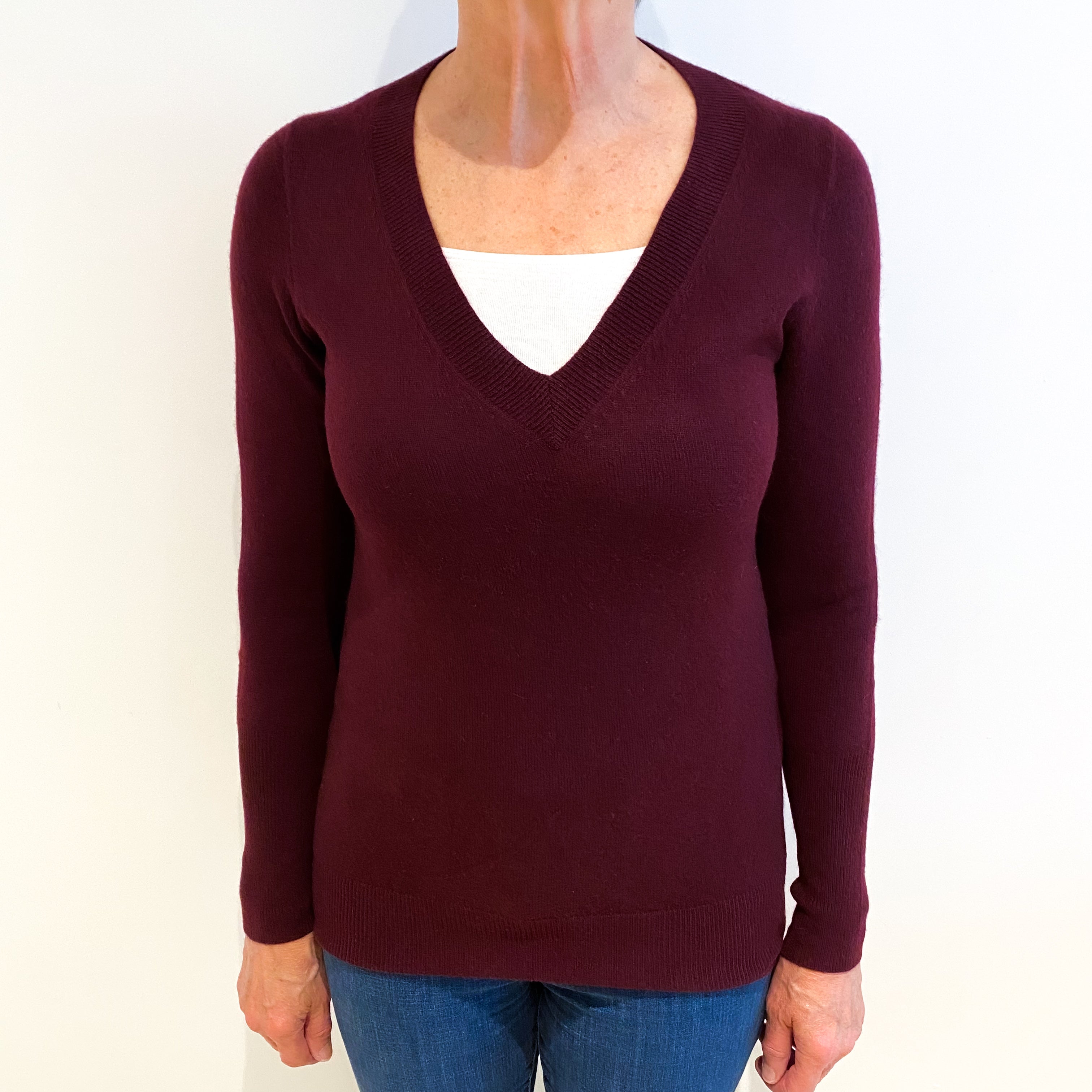 Wine Purple Cashmere V Neck Jumper Medium