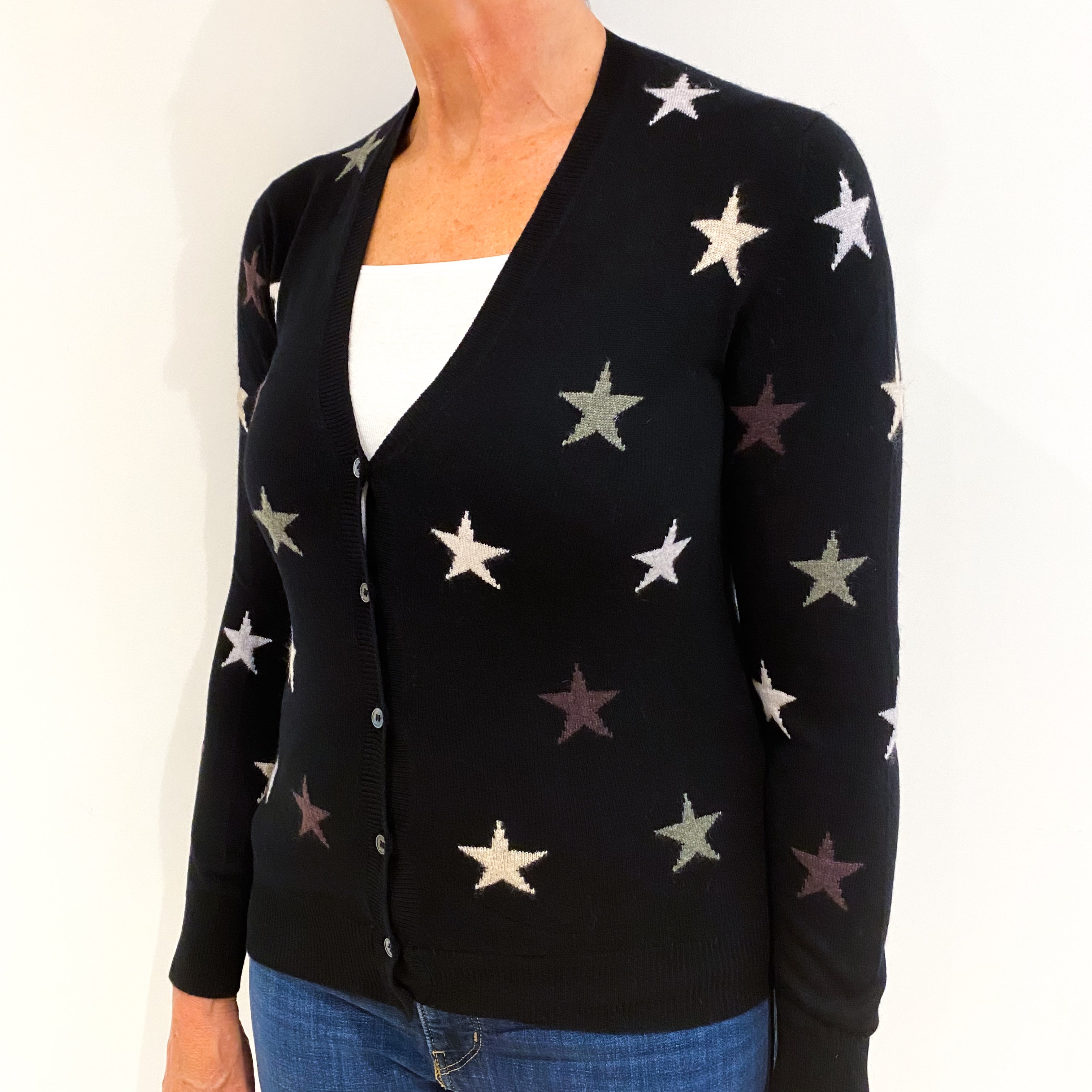 Black Cashmere V Neck Cardigan Medium